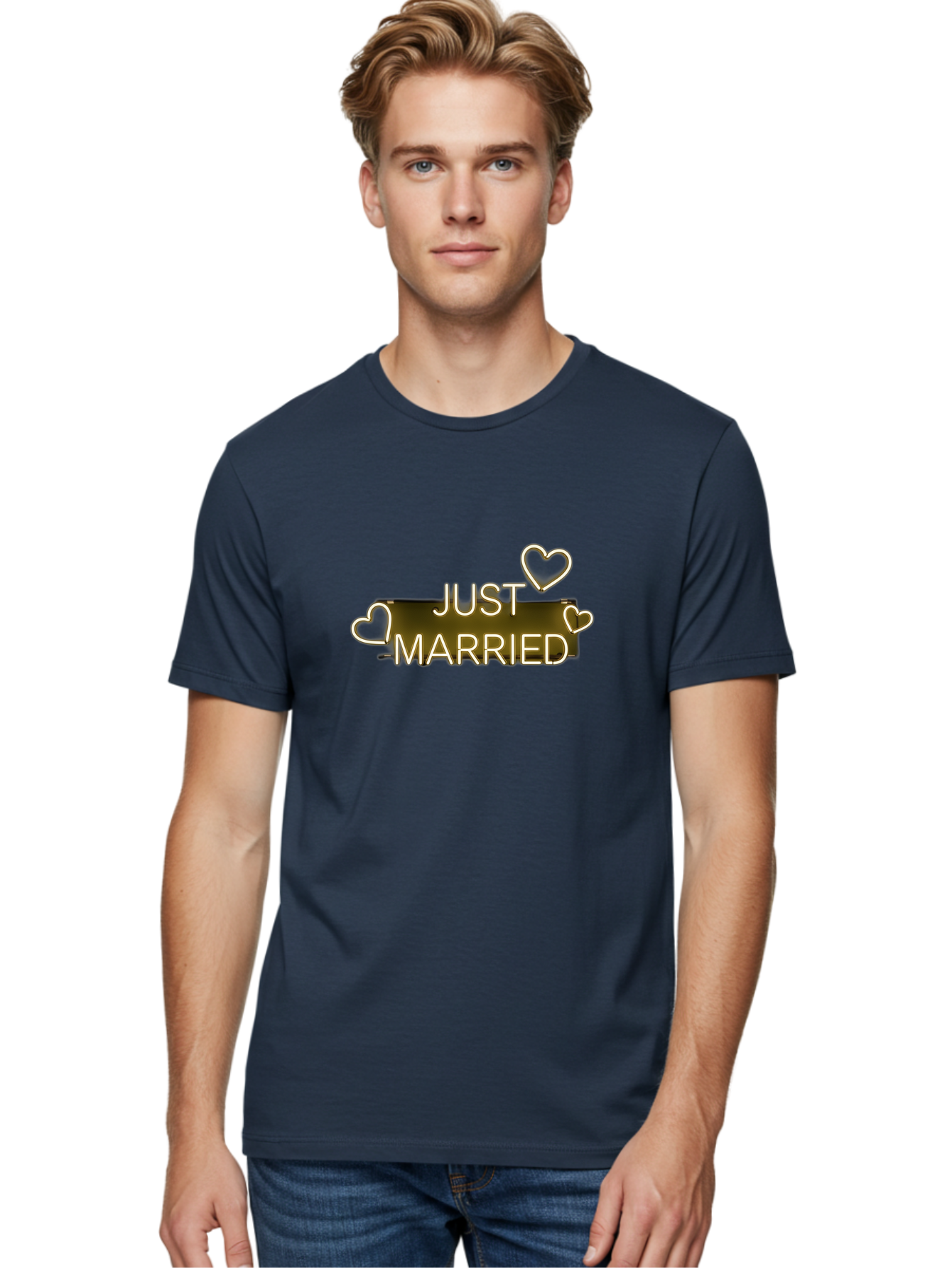 Just-Married-11 Men'S Graphic Tee, 100% Cotton, Comfortable Casual Summer Wear, Machine Washable, Just Married, Neon Sign, Heart Shaped Lights, Wedding Decor, Love Symbol, Romantic Ambiance, Glowing Hearts, Wedding Celebration, Marriage Bliss, Baa885 14
