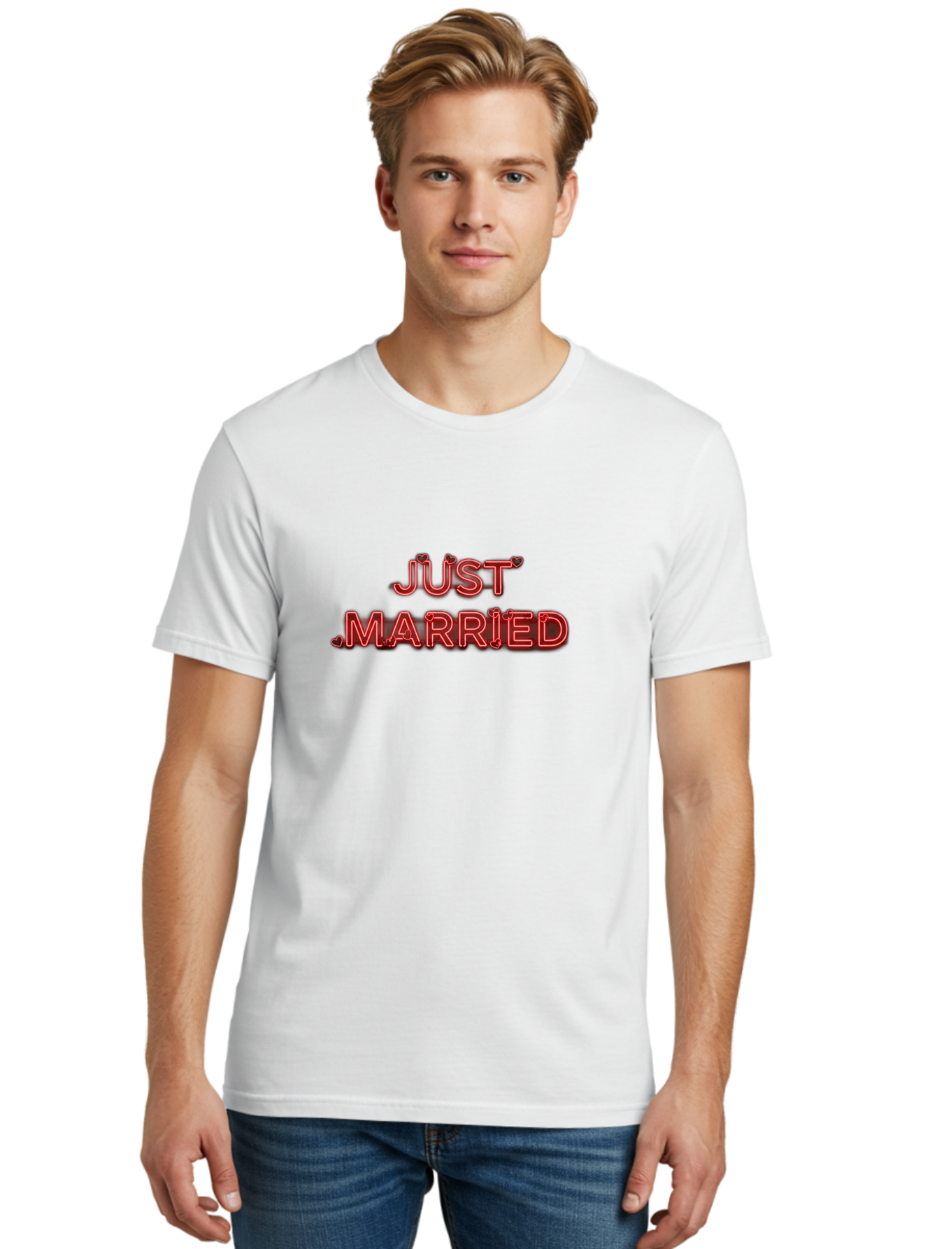Just-Married-2 Men'S Graphic Tee, 100% Cotton, Comfortable Casual Summer Wear, Machine Washable, Wedding Decoration, Marriage Celebration, Newlyweds, Love Is In The Air, Red Neon Sign, Just Married Sign, Romance, Valentine'S Day Gift Baa886 6