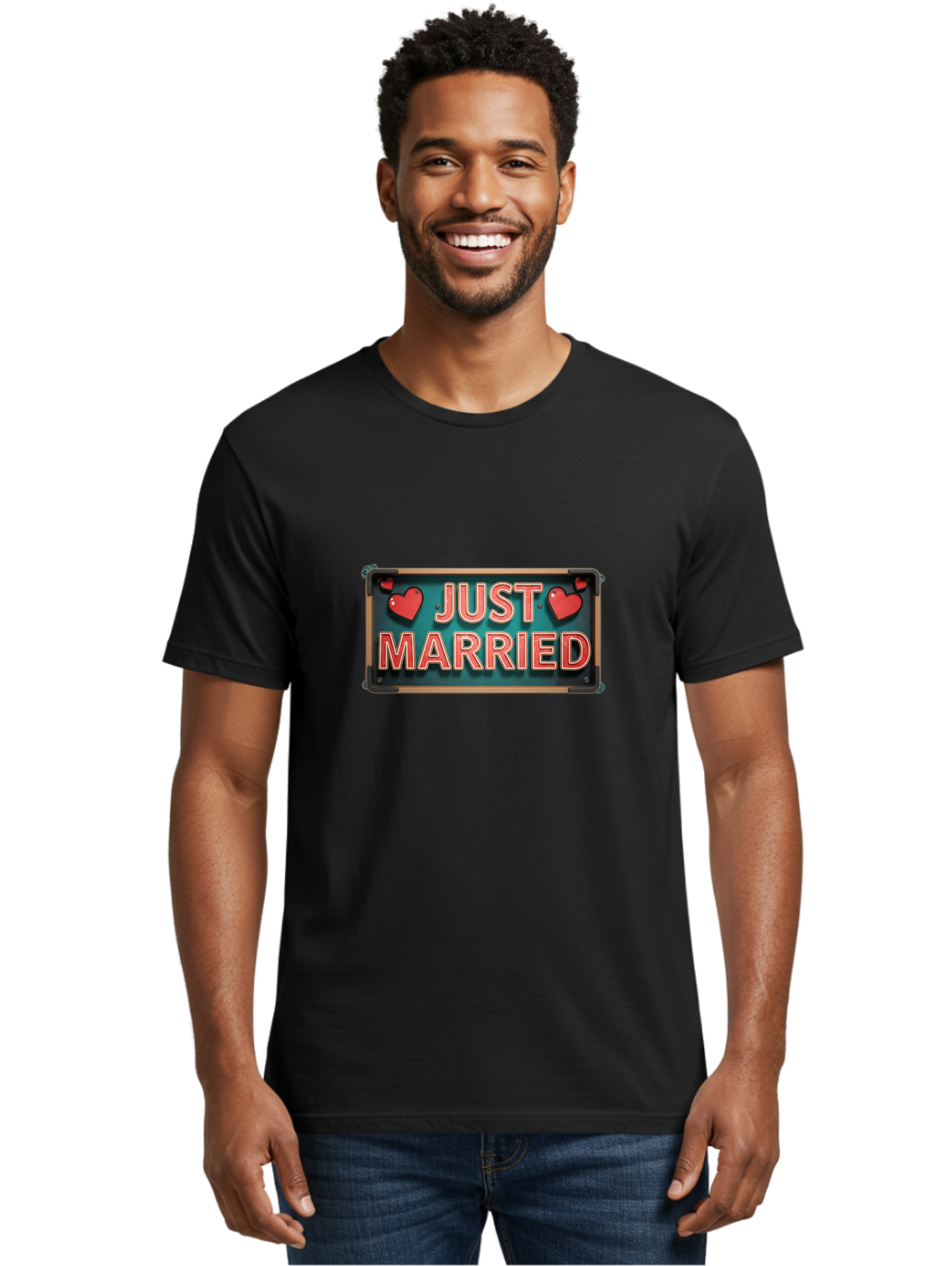 Just-Married-4 Men'S Graphic Tee, 100% Cotton, Comfortable Casual Summer Wear, Machine Washable, Just Married Sign, Red Hearts, Romantic Symbols, Love Decoration, Wedding Celebration, Newlyweds, Love Hearts Baa888 4