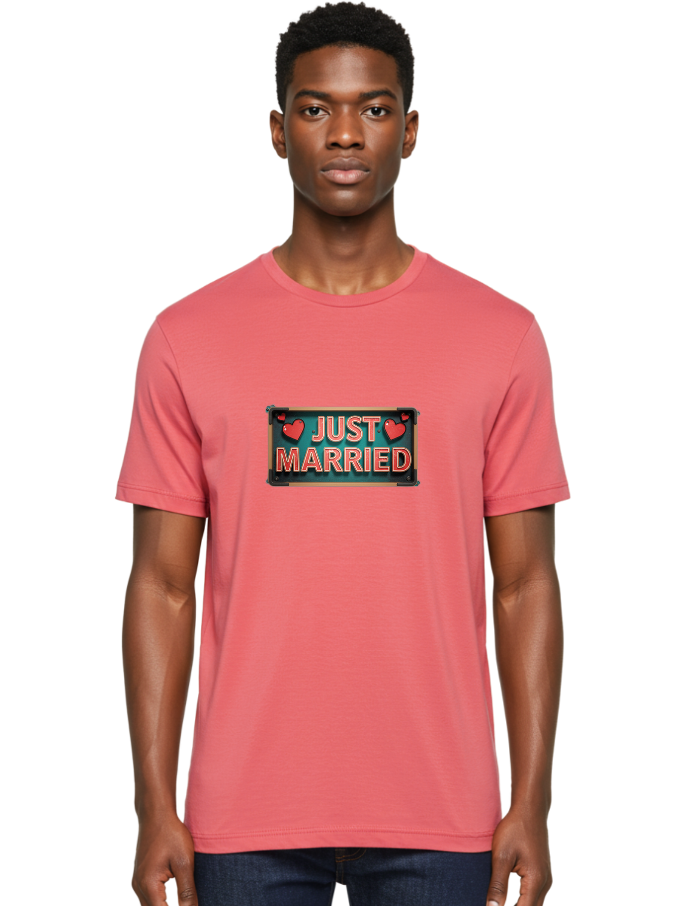 Just-Married-4 Men'S Graphic Tee, 100% Cotton, Comfortable Casual Summer Wear, Machine Washable, Just Married Sign, Red Hearts, Romantic Symbols, Love Decoration, Wedding Celebration, Newlyweds, Love Hearts Baa888 28