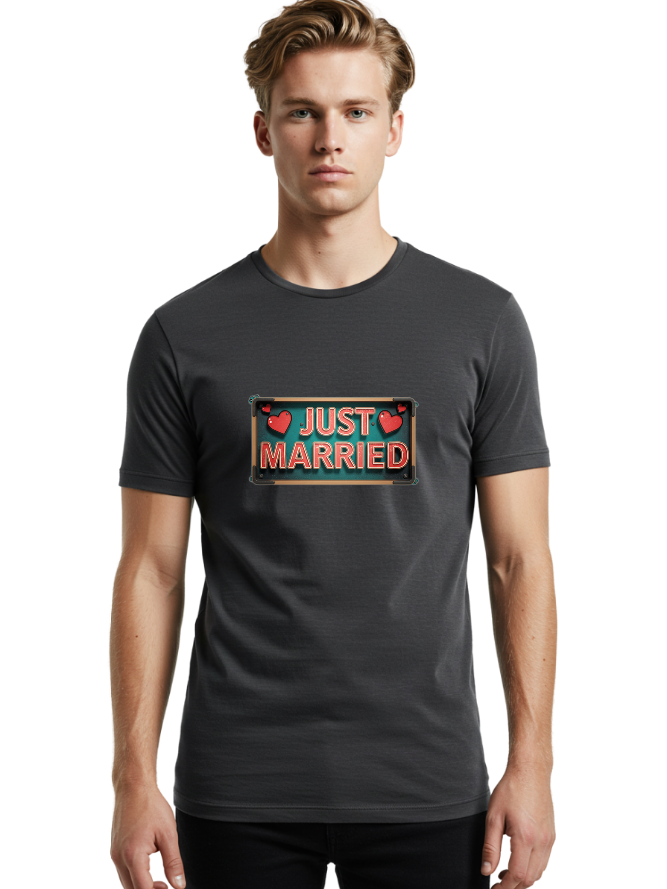 Just-Married-4 Men'S Graphic Tee, 100% Cotton, Comfortable Casual Summer Wear, Machine Washable, Just Married Sign, Red Hearts, Romantic Symbols, Love Decoration, Wedding Celebration, Newlyweds, Love Hearts Baa888