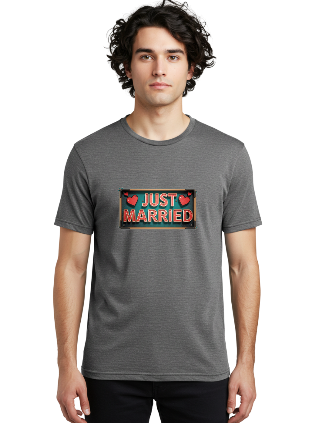 Just-Married-4 Men'S Graphic Tee, 100% Cotton, Comfortable Casual Summer Wear, Machine Washable, Just Married Sign, Red Hearts, Romantic Symbols, Love Decoration, Wedding Celebration, Newlyweds, Love Hearts Baa888 12
