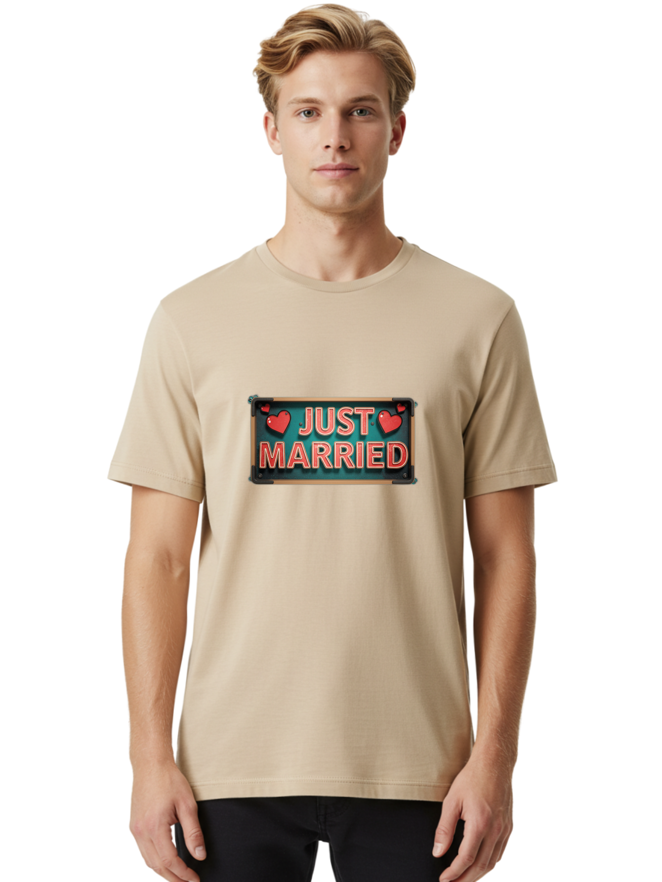 Just-Married-4 Men'S Graphic Tee, 100% Cotton, Comfortable Casual Summer Wear, Machine Washable, Just Married Sign, Red Hearts, Romantic Symbols, Love Decoration, Wedding Celebration, Newlyweds, Love Hearts Baa888 26