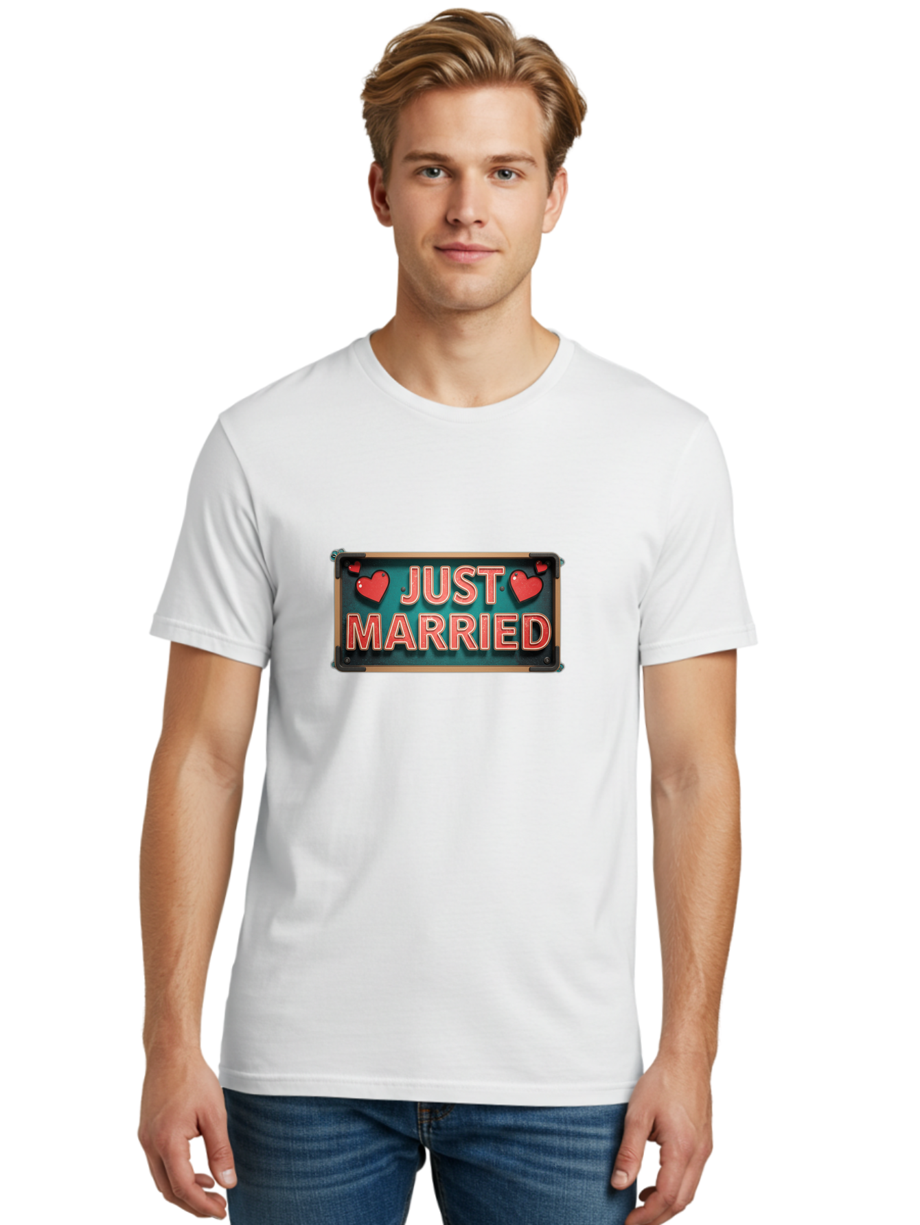 Just-Married-4 Men'S Graphic Tee, 100% Cotton, Comfortable Casual Summer Wear, Machine Washable, Just Married Sign, Red Hearts, Romantic Symbols, Love Decoration, Wedding Celebration, Newlyweds, Love Hearts Baa888 20
