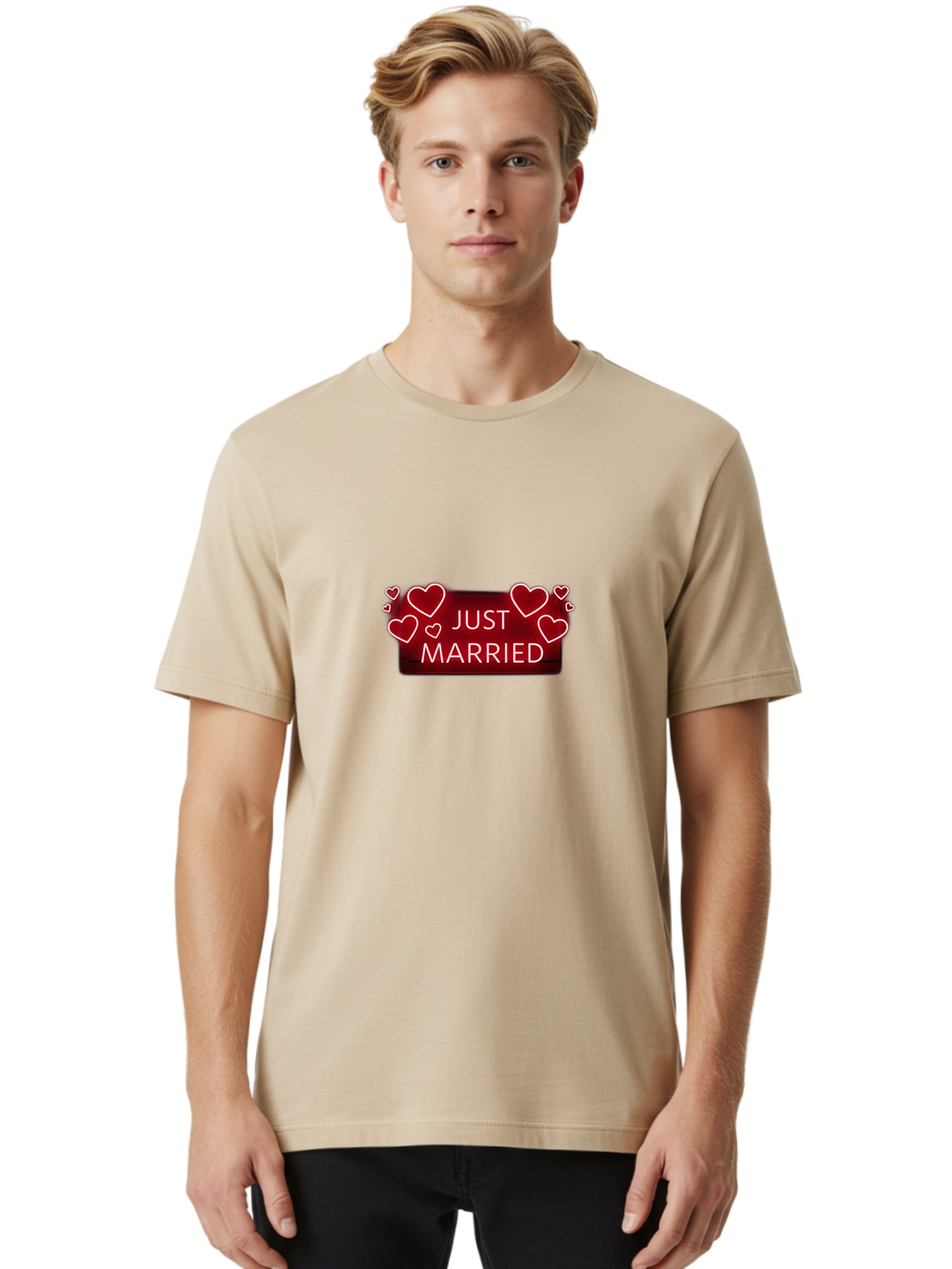 Just-Married-6 Men'S Graphic Tee, 100% Cotton, Comfortable Casual Summer Wear, Machine Washable, Marriage Celebration, Wedding Day, Just Married Sign, Red Hearts, Love Symbol, Valentines Day Gift, Romance, Wedding Decor Baa890 30
