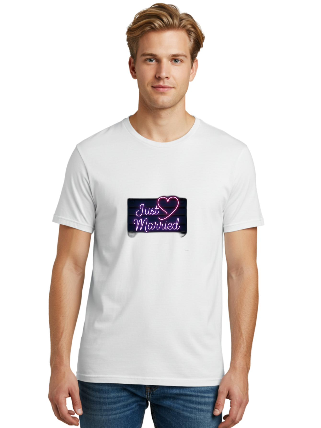 Just-Married-8 Men'S Graphic Tee, 100% Cotton, Comfortable Casual Summer Wear, Machine Washable, Neon Sign, Just Married, Wedding Decor, Love Heart, Pink Neon, Marriage Celebration, Wedding Signage, Romantic Decor, Party Decoration, Baa892 22