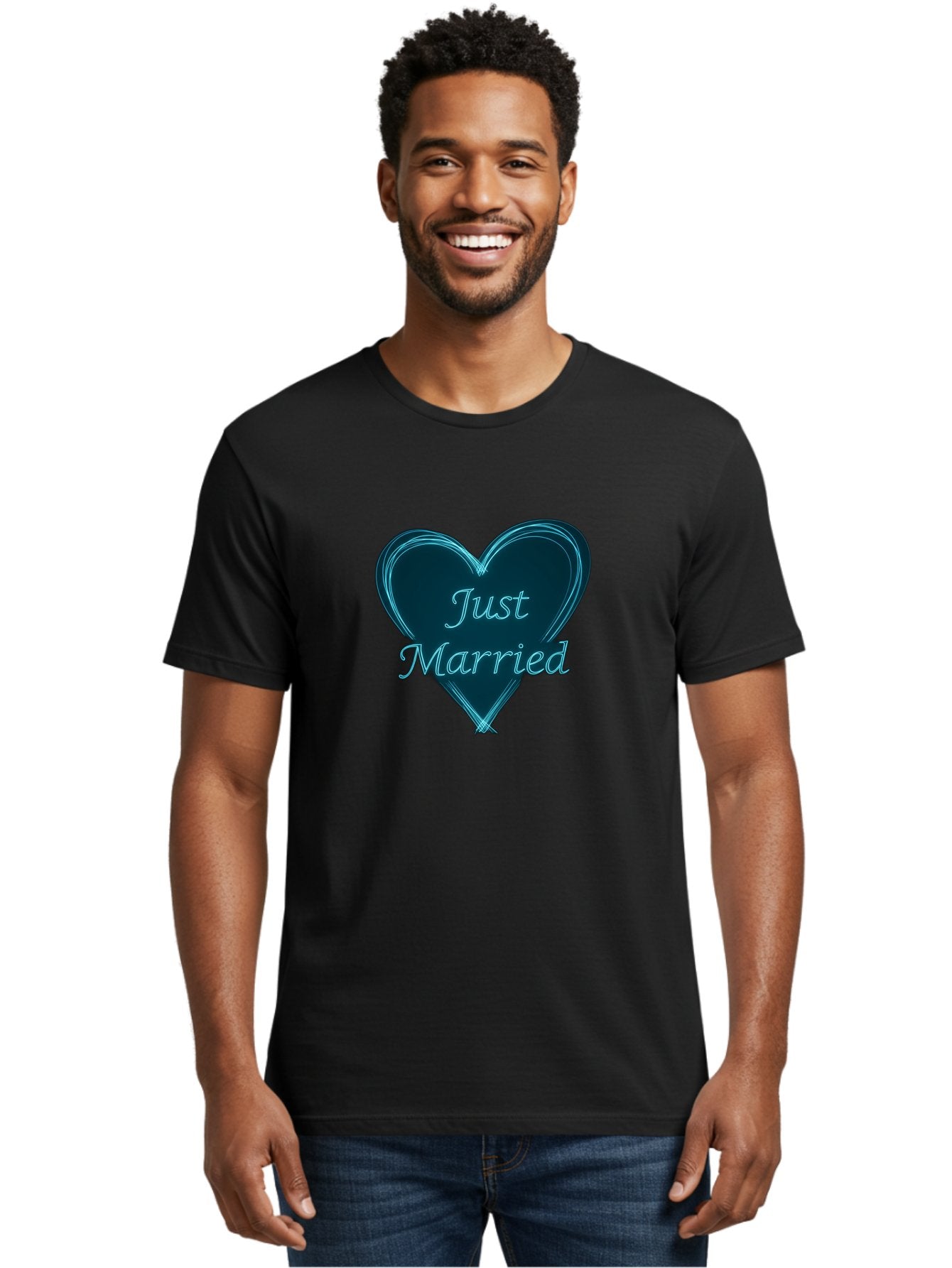 Just-Married-9 Men'S Graphic Tee, 100% Cotton, Comfortable Casual Summer Wear, Machine Washable, Wedding Heart, Love Symbol, Just Married Sign, Blue Heart Graphic, Cursive Text, Newlyweds, Marriage Celebration, Heart Shape Baa893 19