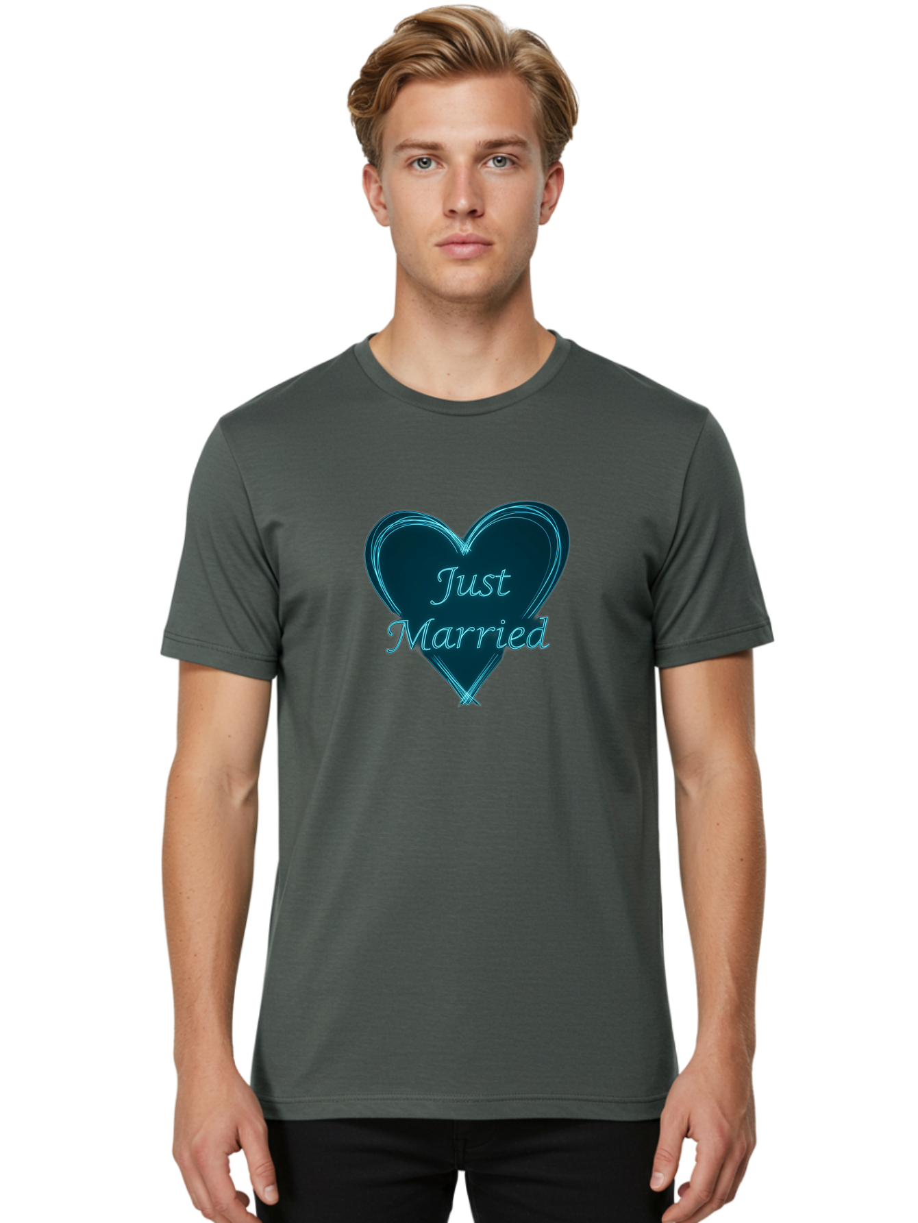Just-Married-9 Men'S Graphic Tee, 100% Cotton, Comfortable Casual Summer Wear, Machine Washable, Wedding Heart, Love Symbol, Just Married Sign, Blue Heart Graphic, Cursive Text, Newlyweds, Marriage Celebration, Heart Shape Baa893 30