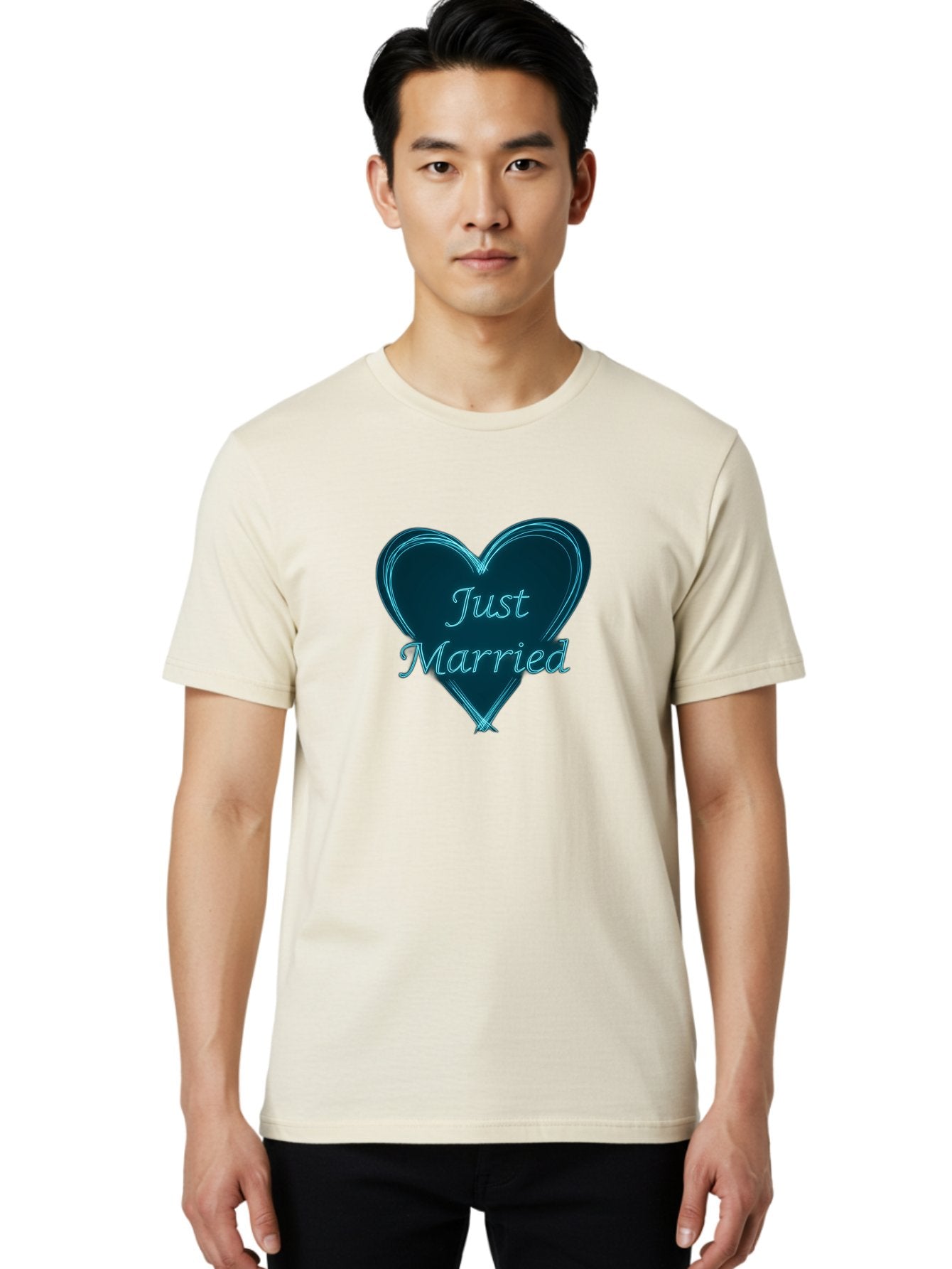 Just-Married-9 Men'S Graphic Tee, 100% Cotton, Comfortable Casual Summer Wear, Machine Washable, Wedding Heart, Love Symbol, Just Married Sign, Blue Heart Graphic, Cursive Text, Newlyweds, Marriage Celebration, Heart Shape Baa893 25