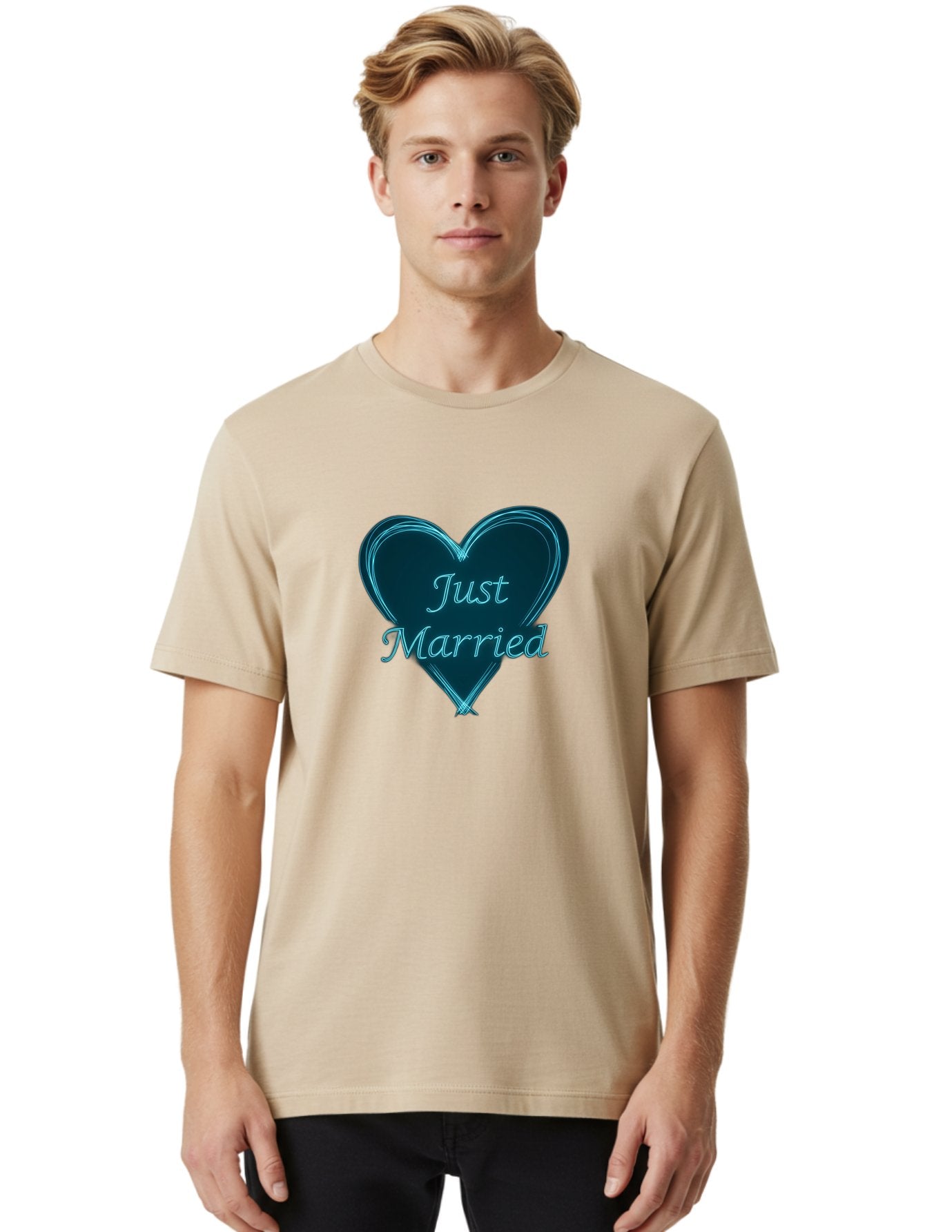 Just-Married-9 Men'S Graphic Tee, 100% Cotton, Comfortable Casual Summer Wear, Machine Washable, Wedding Heart, Love Symbol, Just Married Sign, Blue Heart Graphic, Cursive Text, Newlyweds, Marriage Celebration, Heart Shape Baa893 30