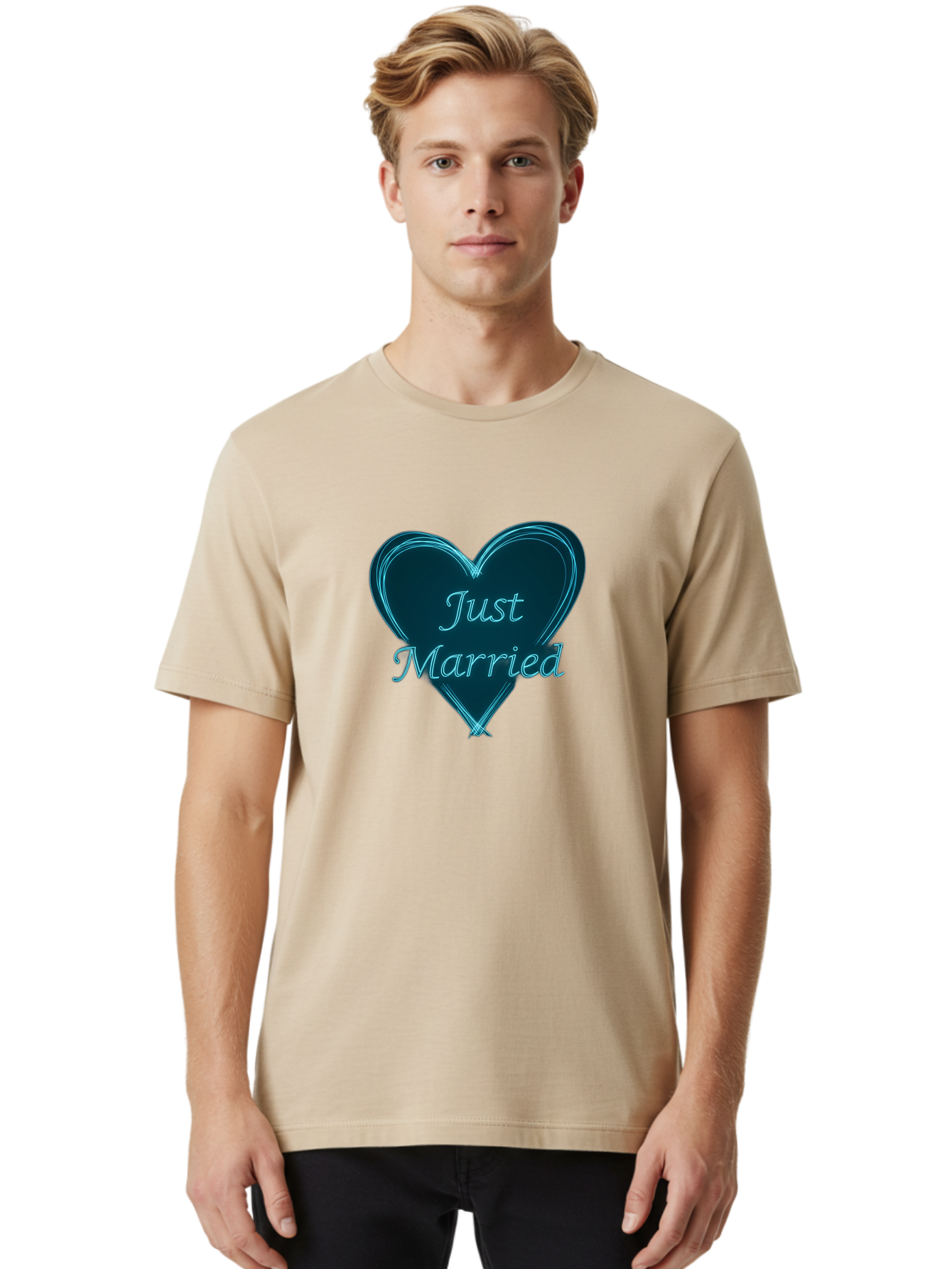 Just-Married-9 Men'S Graphic Tee, 100% Cotton, Comfortable Casual Summer Wear, Machine Washable, Wedding Heart, Love Symbol, Just Married Sign, Blue Heart Graphic, Cursive Text, Newlyweds, Marriage Celebration, Heart Shape Baa893