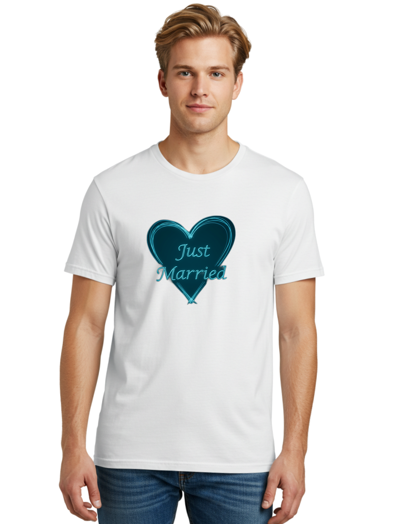 Just-Married-9 Men'S Graphic Tee, 100% Cotton, Comfortable Casual Summer Wear, Machine Washable, Wedding Heart, Love Symbol, Just Married Sign, Blue Heart Graphic, Cursive Text, Newlyweds, Marriage Celebration, Heart Shape Baa893 18