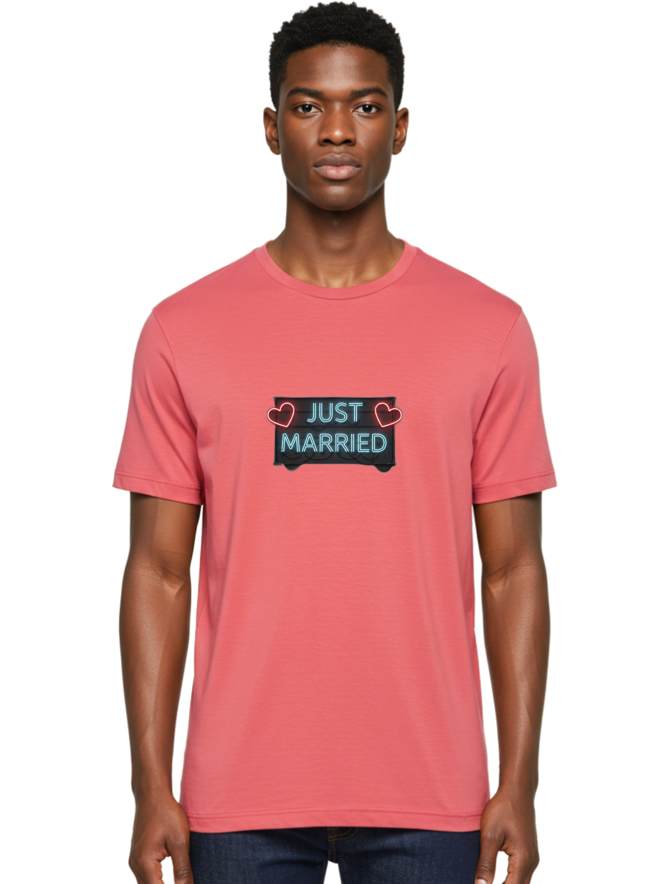 Just-Married-Neon-Sign Men'S Graphic Tee, 100% Cotton, Comfortable Casual Summer Wear, Machine Washable, Just Married Sign, Neon Lights, Love Hearts, Wedding Decoration, Romantic Ambiance, Newlyweds, Love Symbol, Glowing Hearts, Baa894 16