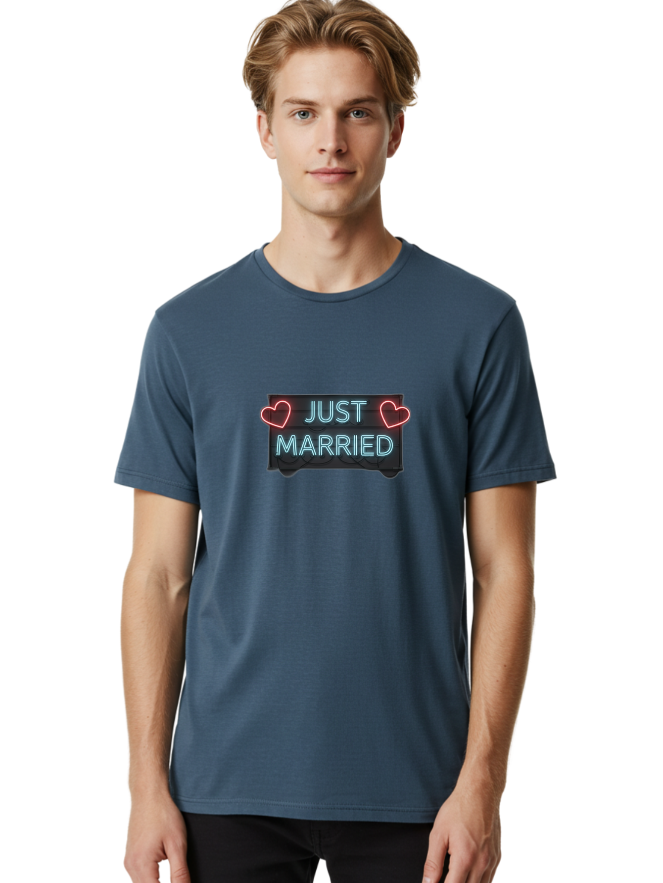 Just-Married-Neon-Sign Men'S Graphic Tee, 100% Cotton, Comfortable Casual Summer Wear, Machine Washable, Just Married Sign, Neon Lights, Love Hearts, Wedding Decoration, Romantic Ambiance, Newlyweds, Love Symbol, Glowing Hearts, Baa894 8
