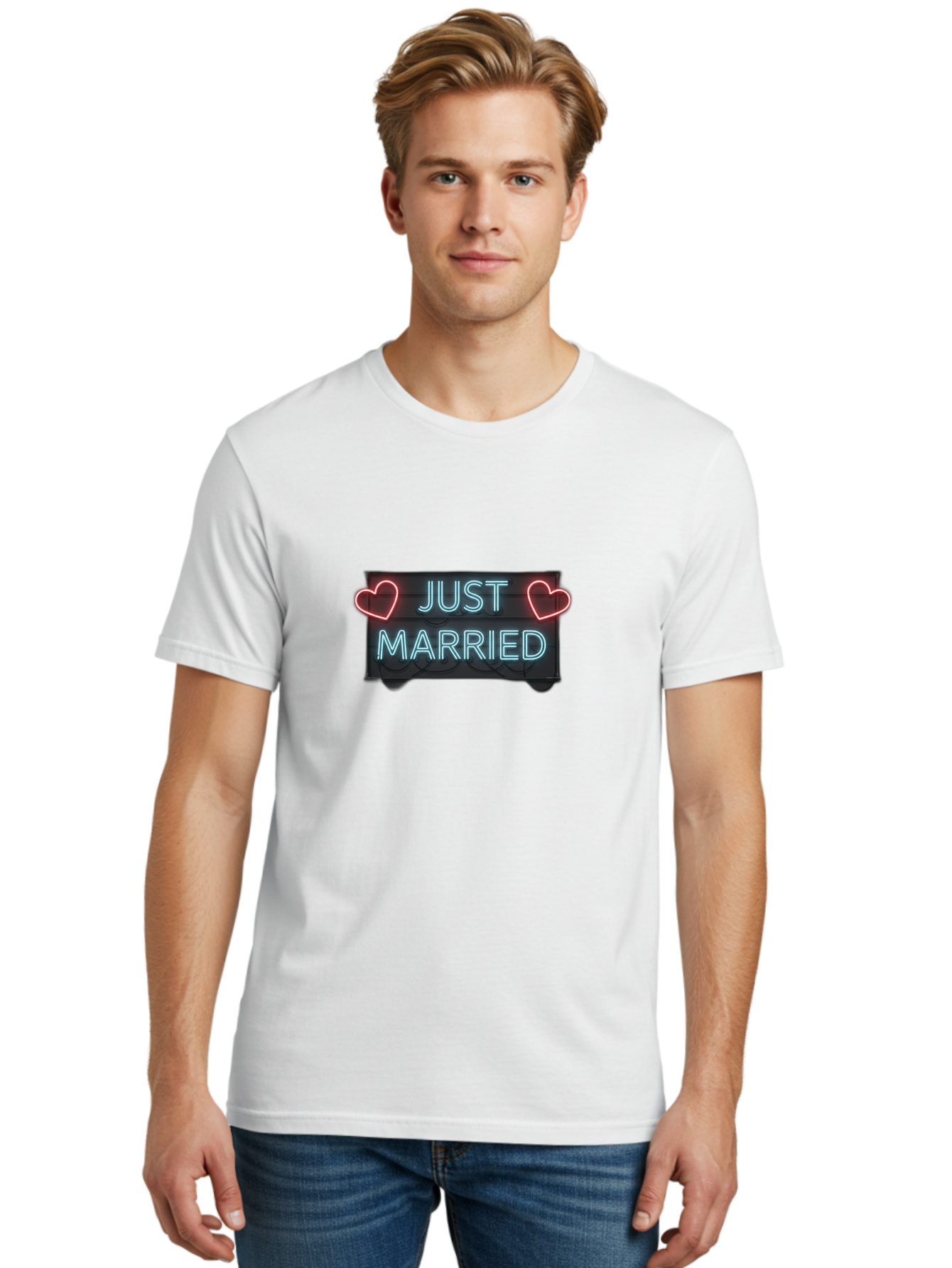 Just-Married-Neon-Sign Men'S Graphic Tee, 100% Cotton, Comfortable Casual Summer Wear, Machine Washable, Just Married Sign, Neon Lights, Love Hearts, Wedding Decoration, Romantic Ambiance, Newlyweds, Love Symbol, Glowing Hearts, Baa894 10