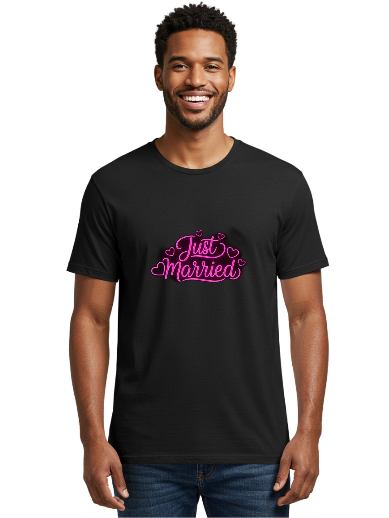 Just-Married Men'S Graphic Tee, 100% Cotton, Comfortable Casual Summer Wear, Machine Washable, Neon Pink Just Married Sign, Cursive Script, Love Hearts, Wedding Decor, Romantic Ambiance, Newlyweds, Love Symbols Baa895 25