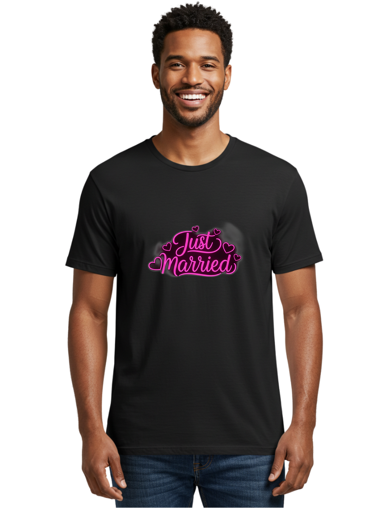 Just-Married Men'S Graphic Tee, 100% Cotton, Comfortable Casual Summer Wear, Machine Washable, Neon Pink Just Married Sign, Cursive Script, Love Hearts, Wedding Decor, Romantic Ambiance, Newlyweds, Love Symbols Baa895 12