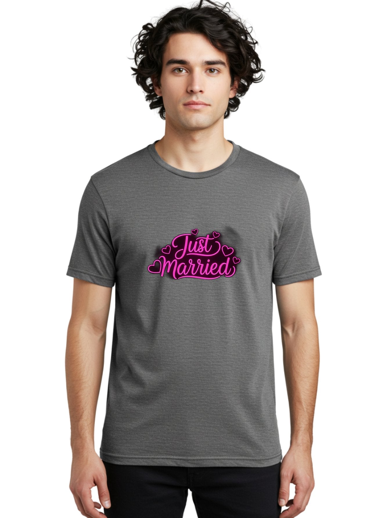 Just-Married Men'S Graphic Tee, 100% Cotton, Comfortable Casual Summer Wear, Machine Washable, Neon Pink Just Married Sign, Cursive Script, Love Hearts, Wedding Decor, Romantic Ambiance, Newlyweds, Love Symbols Baa895 24