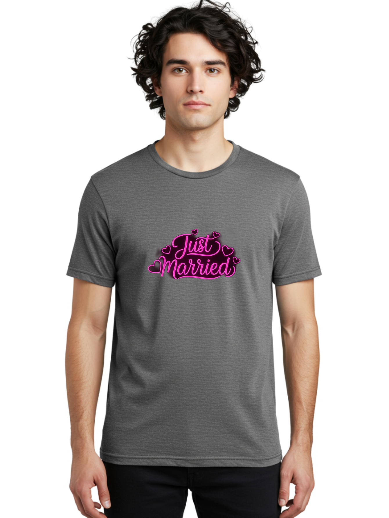 Just-Married Men'S Graphic Tee, 100% Cotton, Comfortable Casual Summer Wear, Machine Washable, Neon Pink Just Married Sign, Cursive Script, Love Hearts, Wedding Decor, Romantic Ambiance, Newlyweds, Love Symbols Baa895 14
