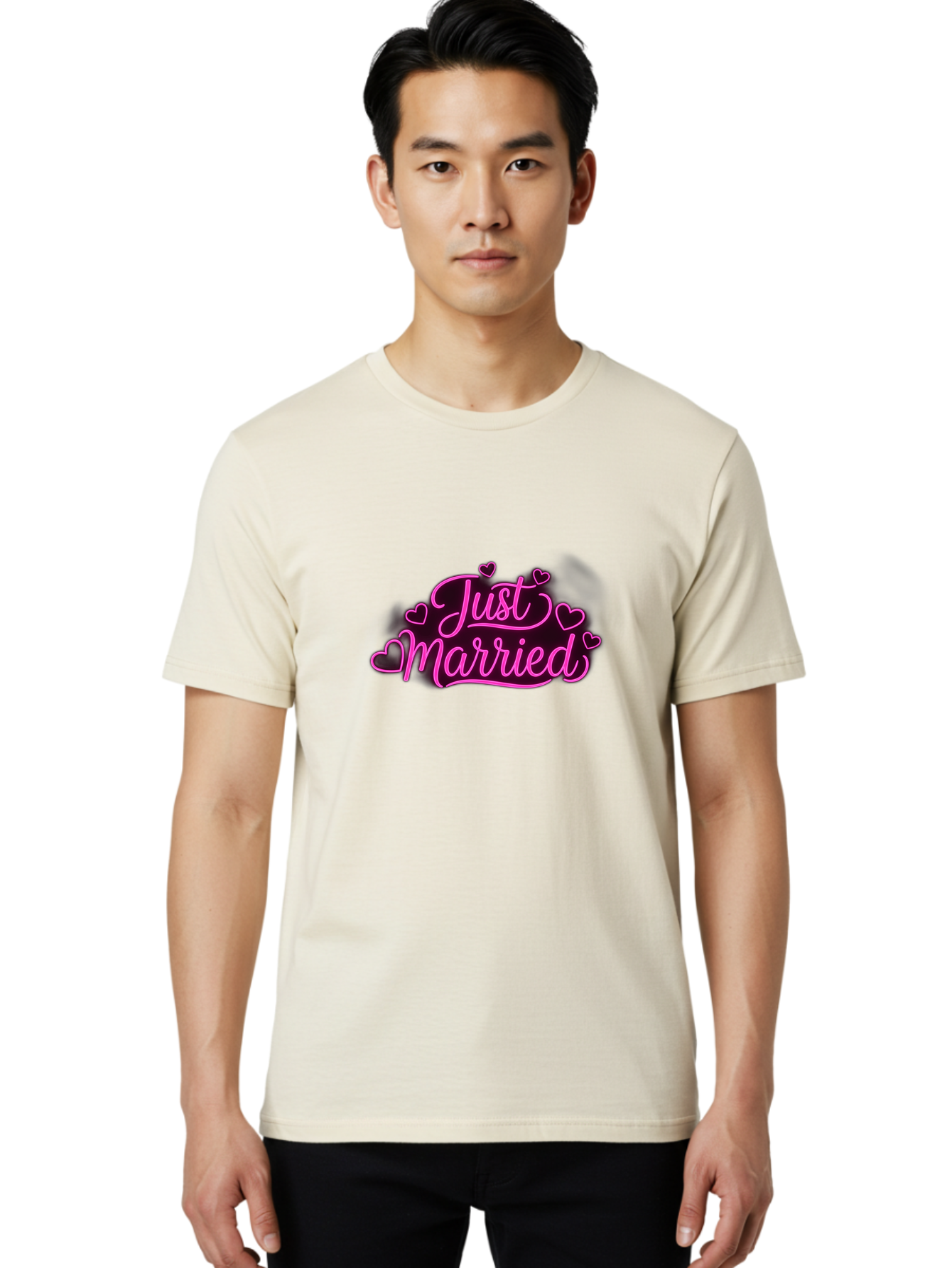 Just-Married Men'S Graphic Tee, 100% Cotton, Comfortable Casual Summer Wear, Machine Washable, Neon Pink Just Married Sign, Cursive Script, Love Hearts, Wedding Decor, Romantic Ambiance, Newlyweds, Love Symbols Baa895 6