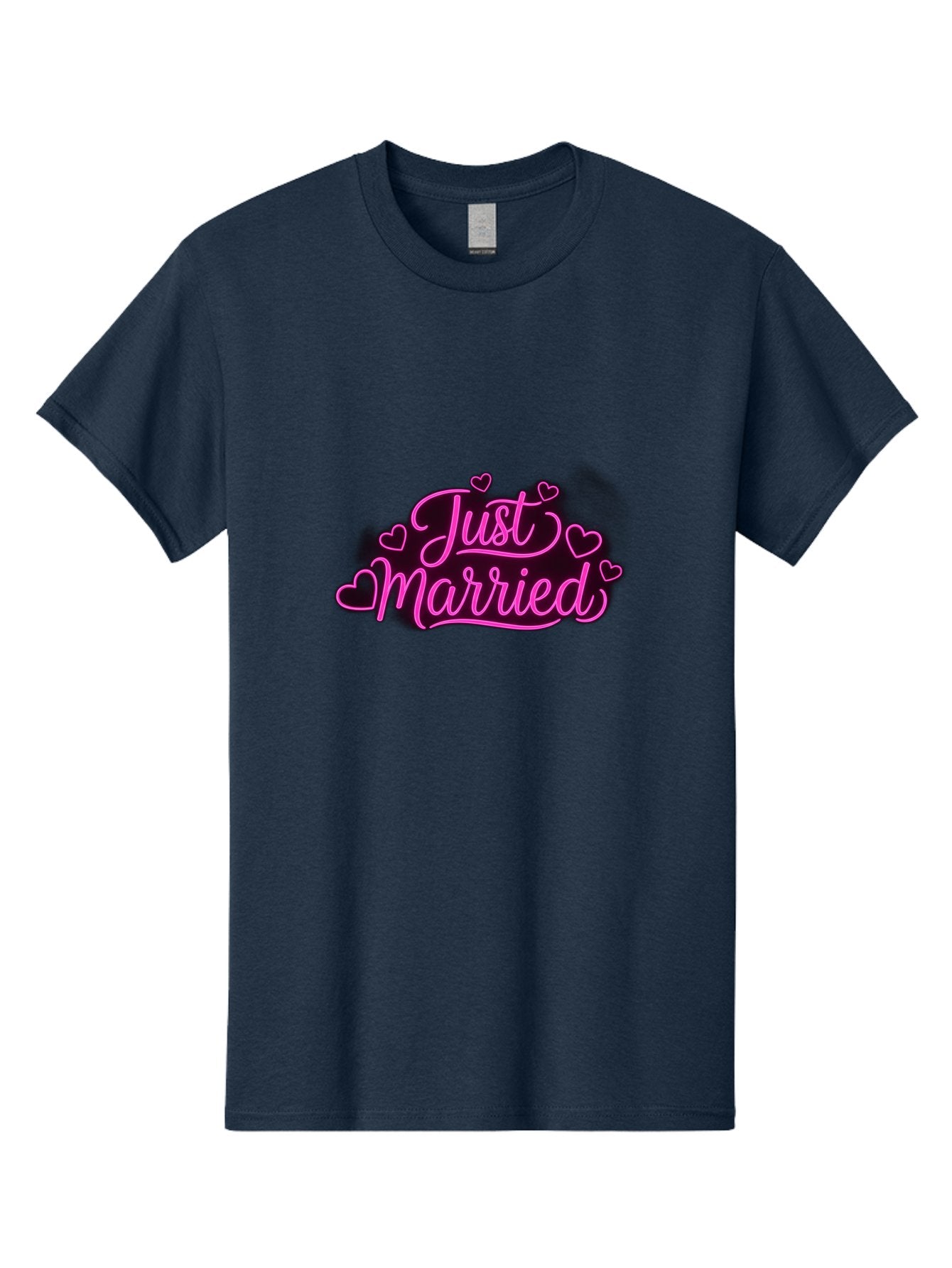 Just-Married Men'S Graphic Tee, 100% Cotton, Comfortable Casual Summer Wear, Machine Washable, Neon Pink Just Married Sign, Cursive Script, Love Hearts, Wedding Decor, Romantic Ambiance, Newlyweds, Love Symbols Baa895