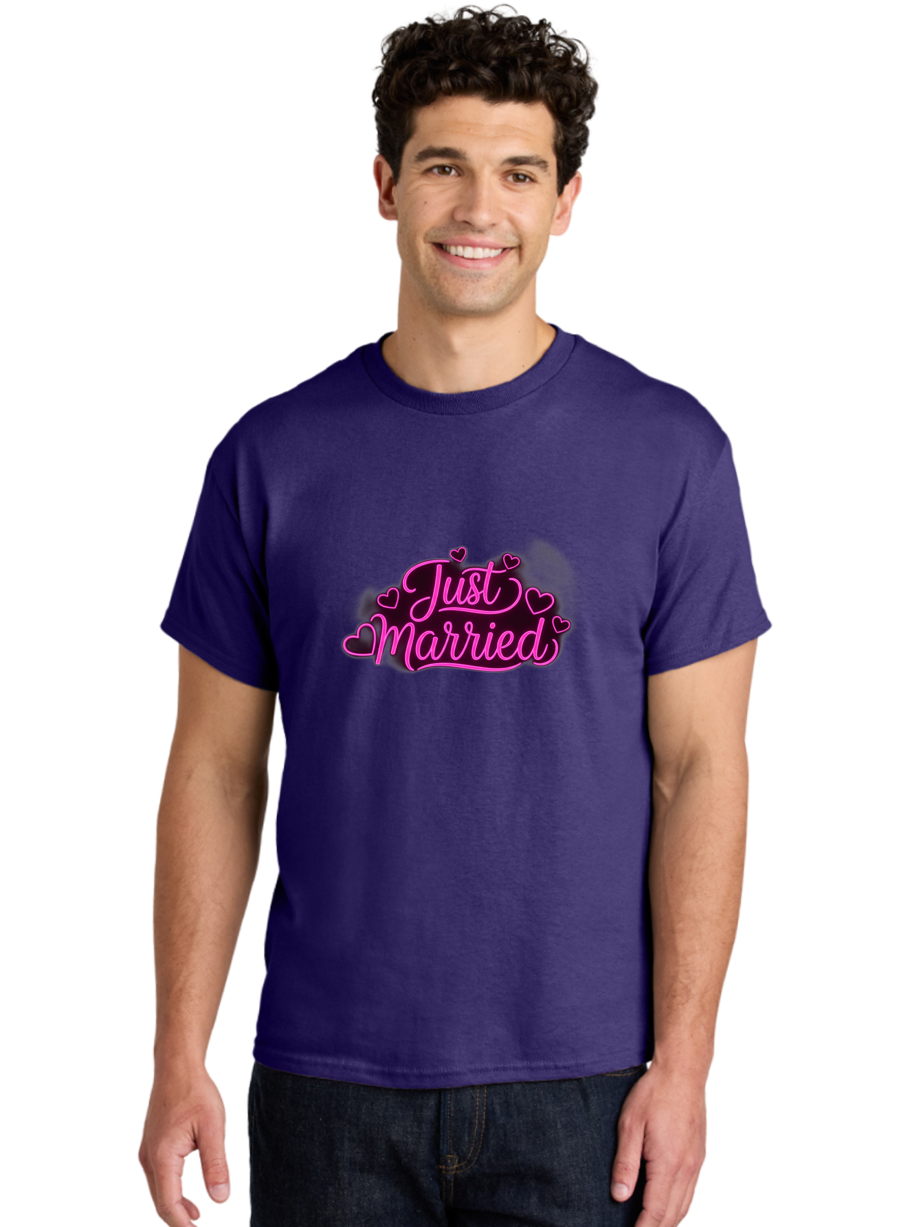 Just-Married Men'S Graphic Tee, 100% Cotton, Comfortable Casual Summer Wear, Machine Washable, Neon Pink Just Married Sign, Cursive Script, Love Hearts, Wedding Decor, Romantic Ambiance, Newlyweds, Love Symbols Baa895 4