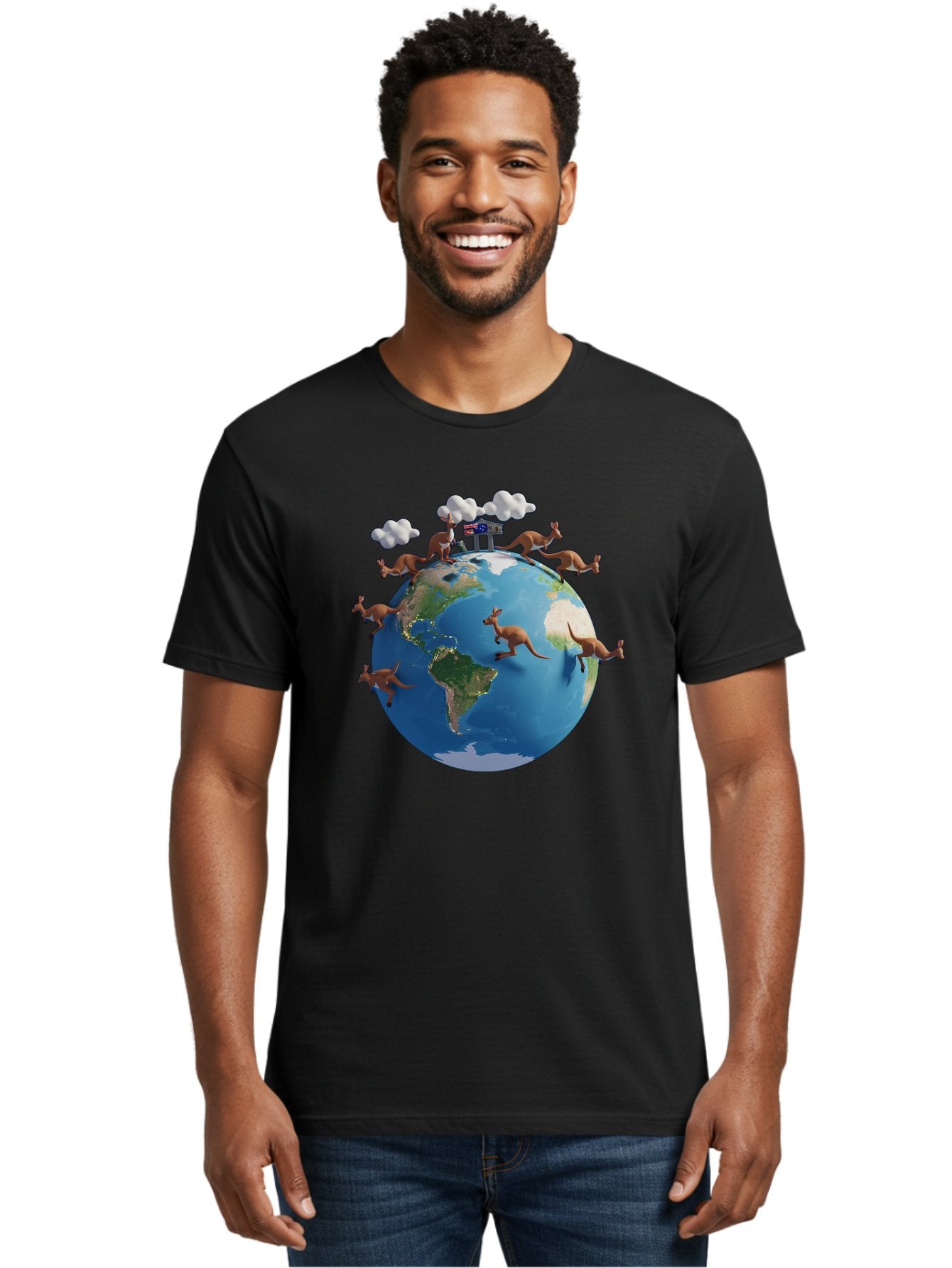 Kangaroos-On-Globe Men'S Graphic Tee, 100% Cotton, Comfortable Casual Summer Wear, Machine Washable, Kangaroos Jumping Around The World, Earth From Space, Global Unity, Playful Wildlife, Marsupials, International Friendship, Africa, Baa897 17