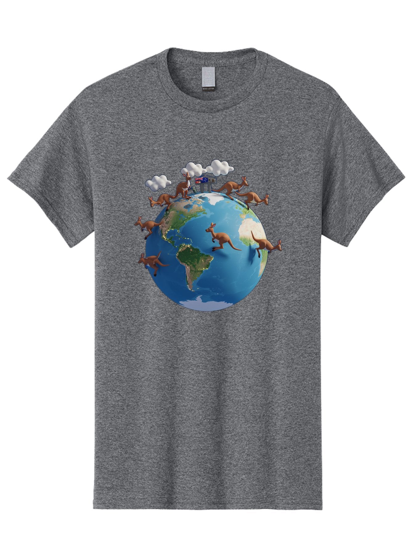 Kangaroos-On-Globe Men'S Graphic Tee, 100% Cotton, Comfortable Casual Summer Wear, Machine Washable, Kangaroos Jumping Around The World, Earth From Space, Global Unity, Playful Wildlife, Marsupials, International Friendship, Africa, Baa897