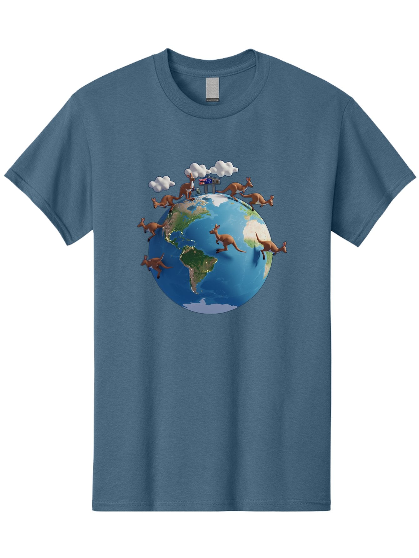 Kangaroos-On-Globe Men'S Graphic Tee, 100% Cotton, Comfortable Casual Summer Wear, Machine Washable, Kangaroos Jumping Around The World, Earth From Space, Global Unity, Playful Wildlife, Marsupials, International Friendship, Africa, Baa897