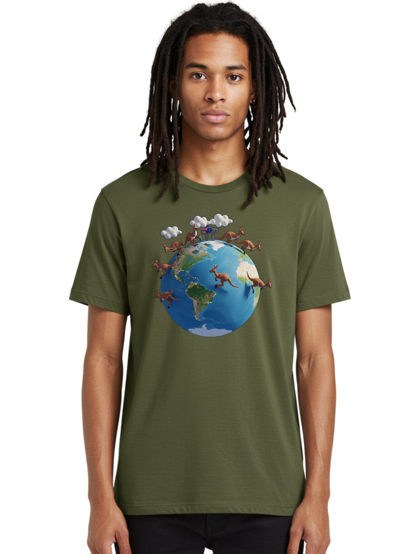 Kangaroos-On-Globe Men'S Graphic Tee, 100% Cotton, Comfortable Casual Summer Wear, Machine Washable, Kangaroos Jumping Around The World, Earth From Space, Global Unity, Playful Wildlife, Marsupials, International Friendship, Africa, Baa897 16