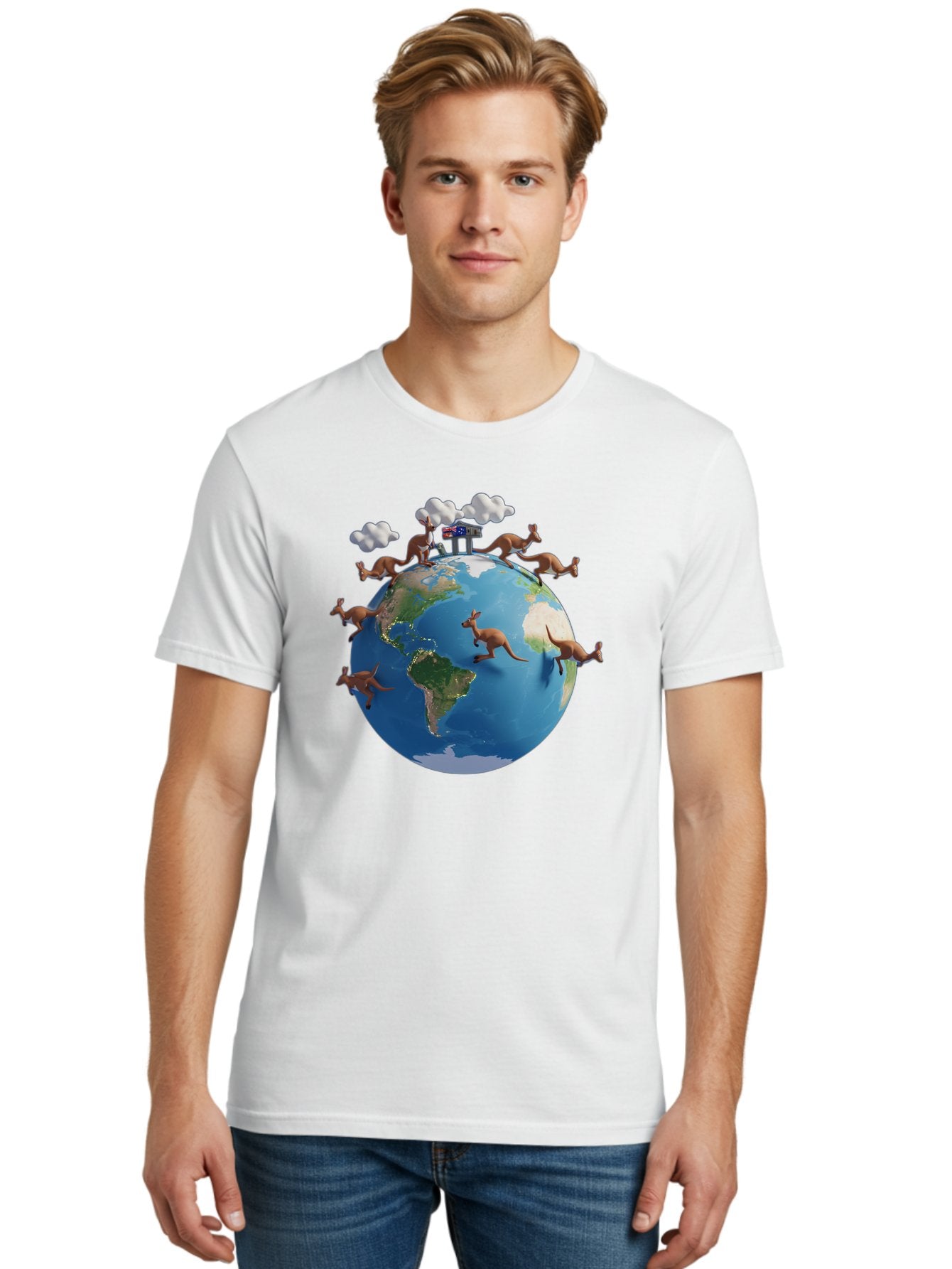 Kangaroos-On-Globe Men'S Graphic Tee, 100% Cotton, Comfortable Casual Summer Wear, Machine Washable, Kangaroos Jumping Around The World, Earth From Space, Global Unity, Playful Wildlife, Marsupials, International Friendship, Africa, Baa897 27