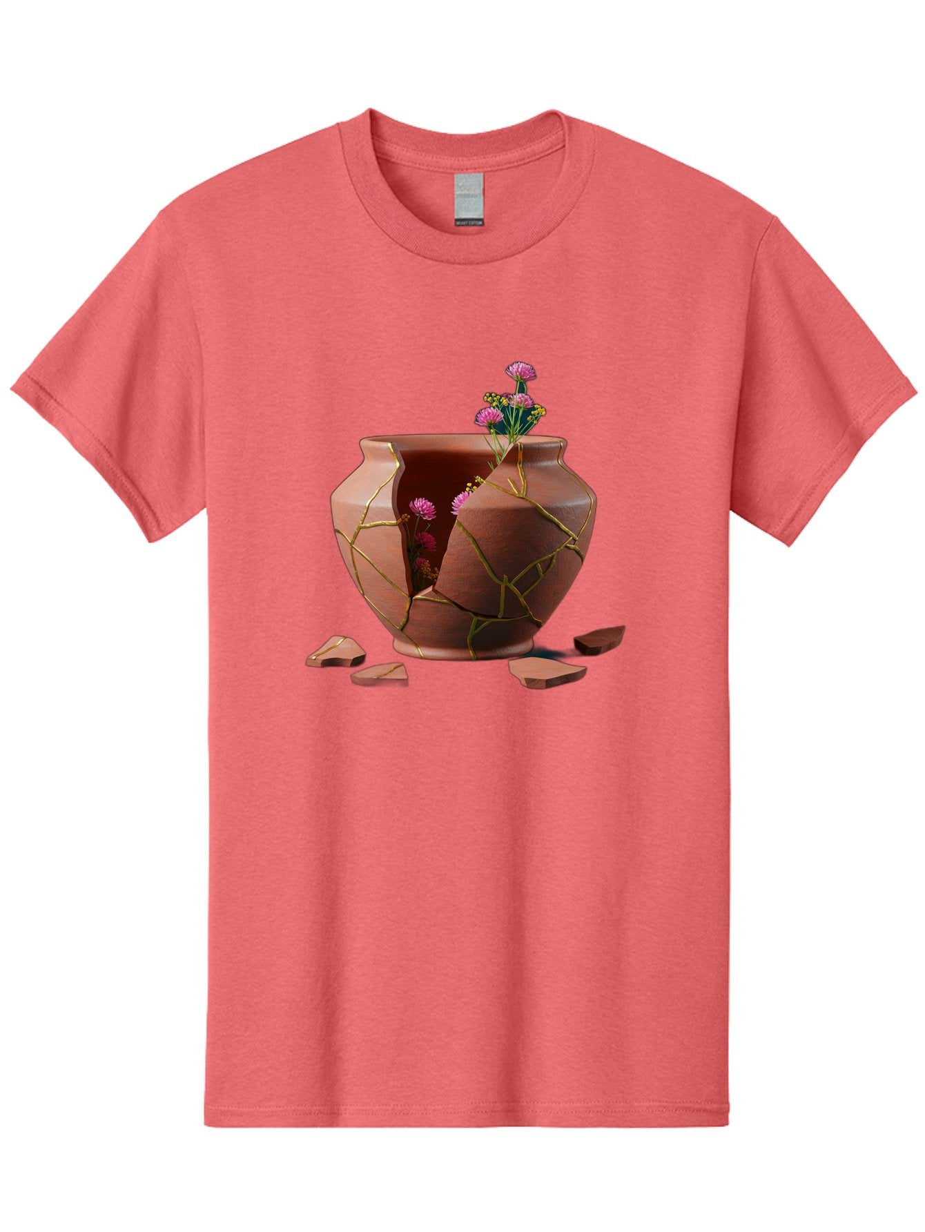 Kintsugi-Pot Men'S Graphic Tee, 100% Cotton, Comfortable Casual Summer Wear, Machine Washable, Repaired Vase, Broken Pottery, Gold Cracks, Pink Flowers, Kintsugi Art, Traditional Japanese Repair, Broken And Mended, Clay Pot, Vibrant Blooms, Baa900 5