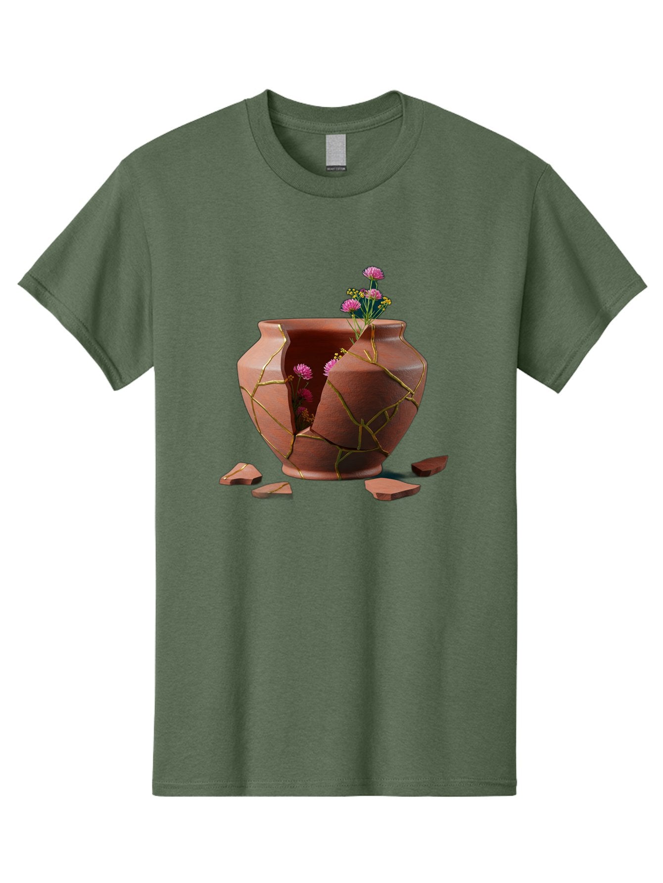 Kintsugi-Pot Men'S Graphic Tee, 100% Cotton, Comfortable Casual Summer Wear, Machine Washable, Repaired Vase, Broken Pottery, Gold Cracks, Pink Flowers, Kintsugi Art, Traditional Japanese Repair, Broken And Mended, Clay Pot, Vibrant Blooms, Baa900 4