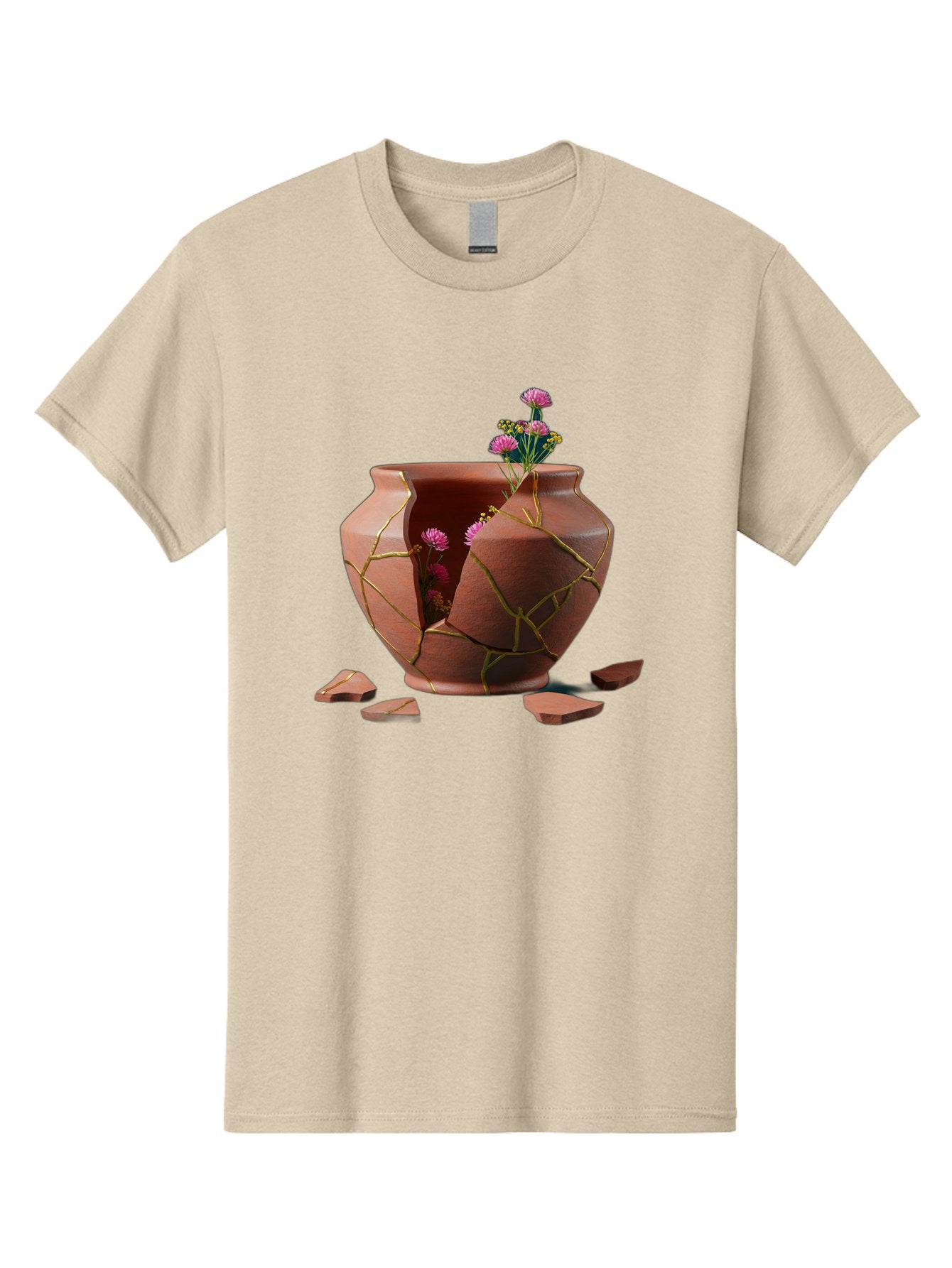 Kintsugi-Pot Men'S Graphic Tee, 100% Cotton, Comfortable Casual Summer Wear, Machine Washable, Repaired Vase, Broken Pottery, Gold Cracks, Pink Flowers, Kintsugi Art, Traditional Japanese Repair, Broken And Mended, Clay Pot, Vibrant Blooms, Baa900 11