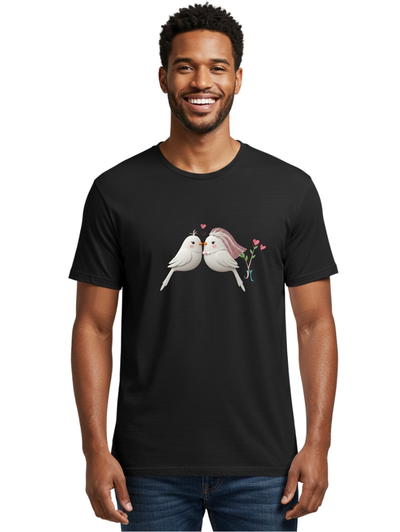 Kissing-Birds Men'S Graphic Tee, 100% Cotton, Comfortable Casual Summer Wear, Machine Washable, Wedding Birds, Couple Love Birds, Kissing Birds, Cartoon Birds, Digital Art, Cute Birds, Romance, Love, Hearts, Flowers, Wedding Theme Baa901 30