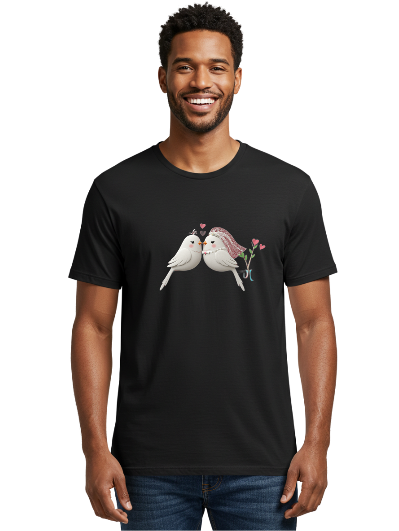 Kissing-Birds Men'S Graphic Tee, 100% Cotton, Comfortable Casual Summer Wear, Machine Washable, Wedding Birds, Couple Love Birds, Kissing Birds, Cartoon Birds, Digital Art, Cute Birds, Romance, Love, Hearts, Flowers, Wedding Theme Baa901