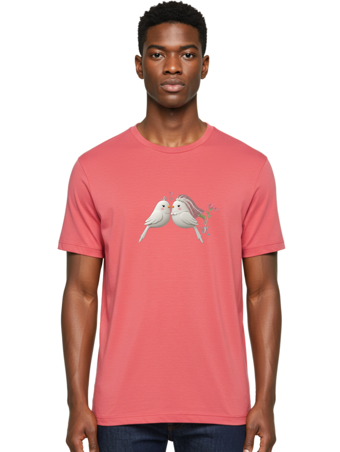 Kissing-Birds Men'S Graphic Tee, 100% Cotton, Comfortable Casual Summer Wear, Machine Washable, Wedding Birds, Couple Love Birds, Kissing Birds, Cartoon Birds, Digital Art, Cute Birds, Romance, Love, Hearts, Flowers, Wedding Theme Baa901 16