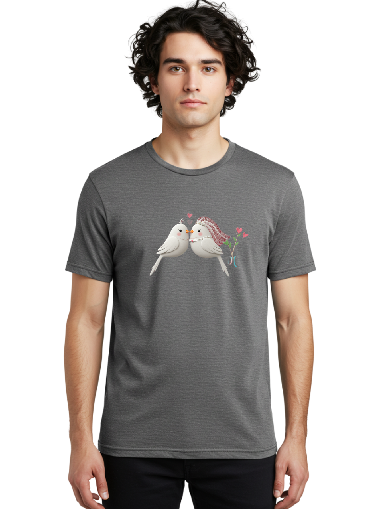 Kissing-Birds Men'S Graphic Tee, 100% Cotton, Comfortable Casual Summer Wear, Machine Washable, Wedding Birds, Couple Love Birds, Kissing Birds, Cartoon Birds, Digital Art, Cute Birds, Romance, Love, Hearts, Flowers, Wedding Theme Baa901 8