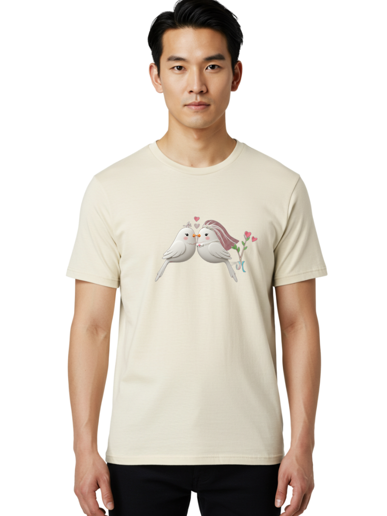 Kissing-Birds Men'S Graphic Tee, 100% Cotton, Comfortable Casual Summer Wear, Machine Washable, Wedding Birds, Couple Love Birds, Kissing Birds, Cartoon Birds, Digital Art, Cute Birds, Romance, Love, Hearts, Flowers, Wedding Theme Baa901 26