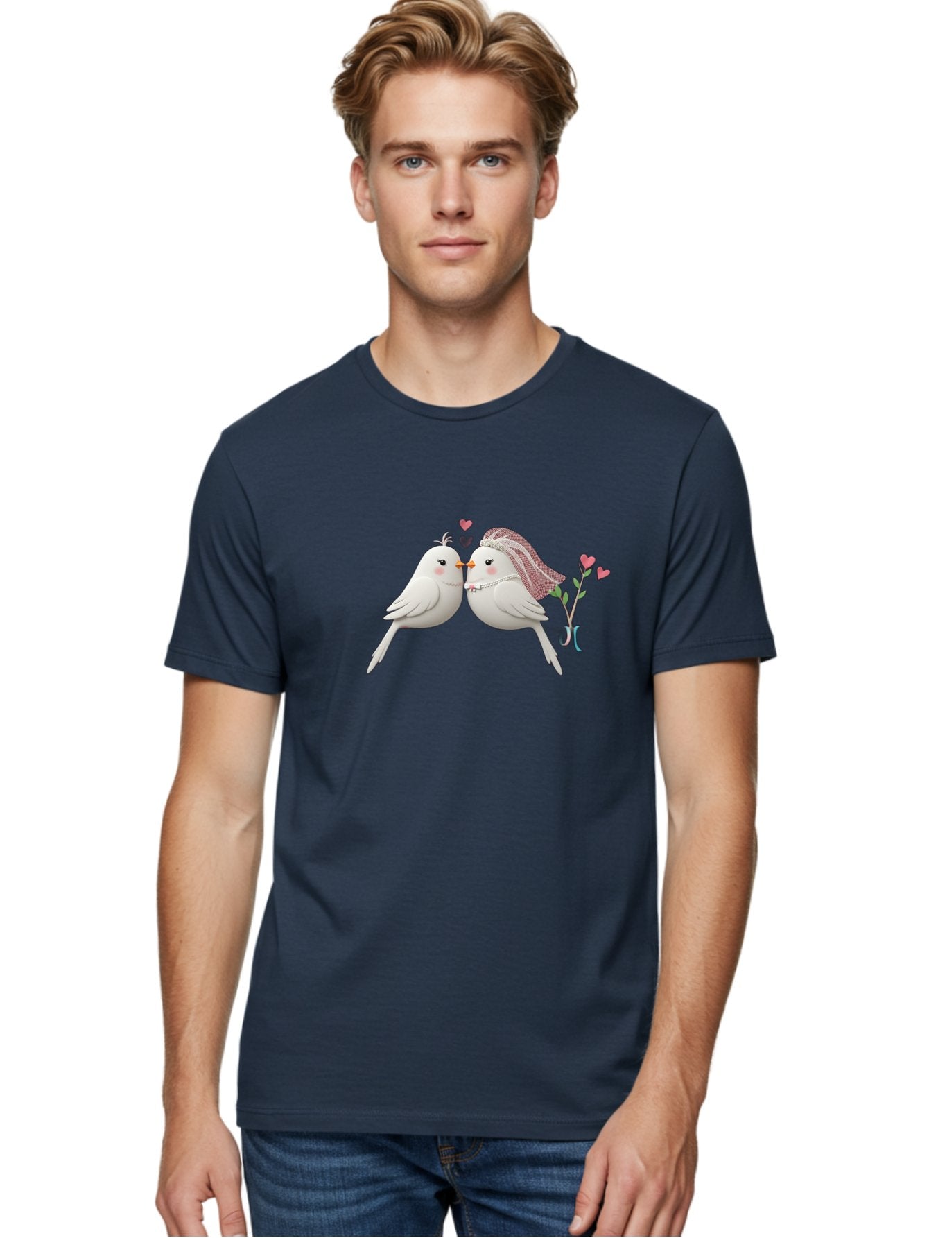 Kissing-Birds Men'S Graphic Tee, 100% Cotton, Comfortable Casual Summer Wear, Machine Washable, Wedding Birds, Couple Love Birds, Kissing Birds, Cartoon Birds, Digital Art, Cute Birds, Romance, Love, Hearts, Flowers, Wedding Theme Baa901 20