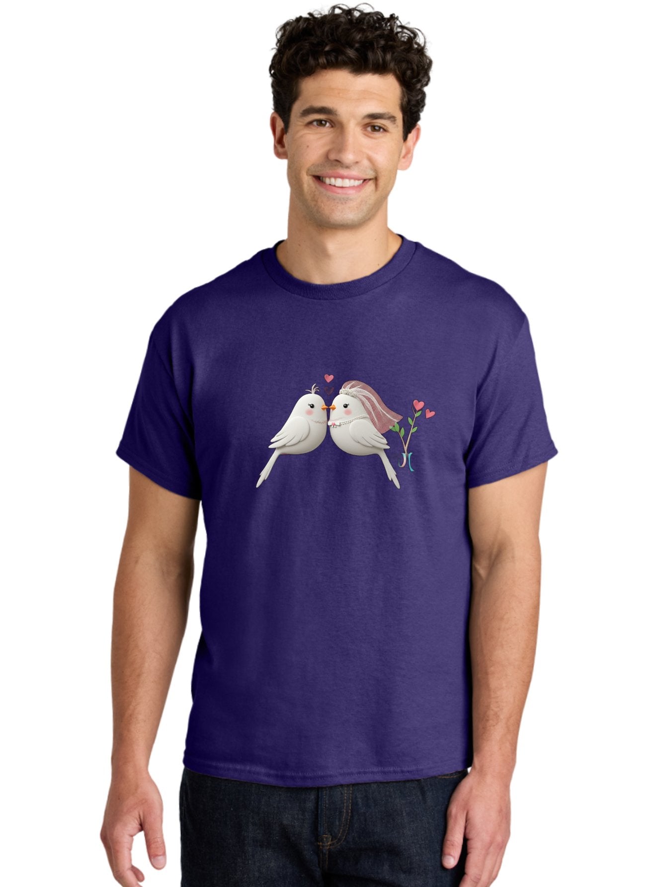 Kissing-Birds Men'S Graphic Tee, 100% Cotton, Comfortable Casual Summer Wear, Machine Washable, Wedding Birds, Couple Love Birds, Kissing Birds, Cartoon Birds, Digital Art, Cute Birds, Romance, Love, Hearts, Flowers, Wedding Theme Baa901 26