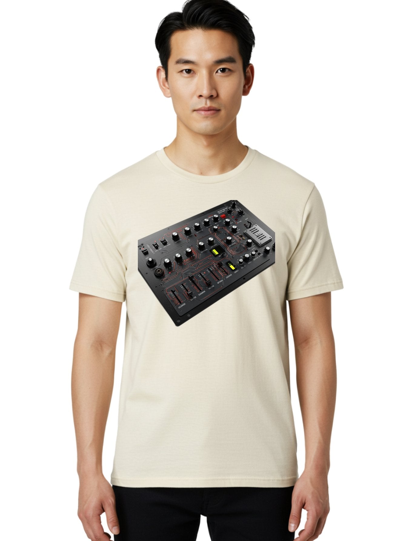 Korg-Minilogue-1 Men'S Graphic Tee, 100% Cotton, Comfortable Casual Summer Wear, Machine Washable, Korg Minilogue Synthesizer, Sound Design, Music Production, Analog Synthesizer, Audio Equipment, Electronic Music Gear, Knobs, Sliders, Buttons, Baa904 25