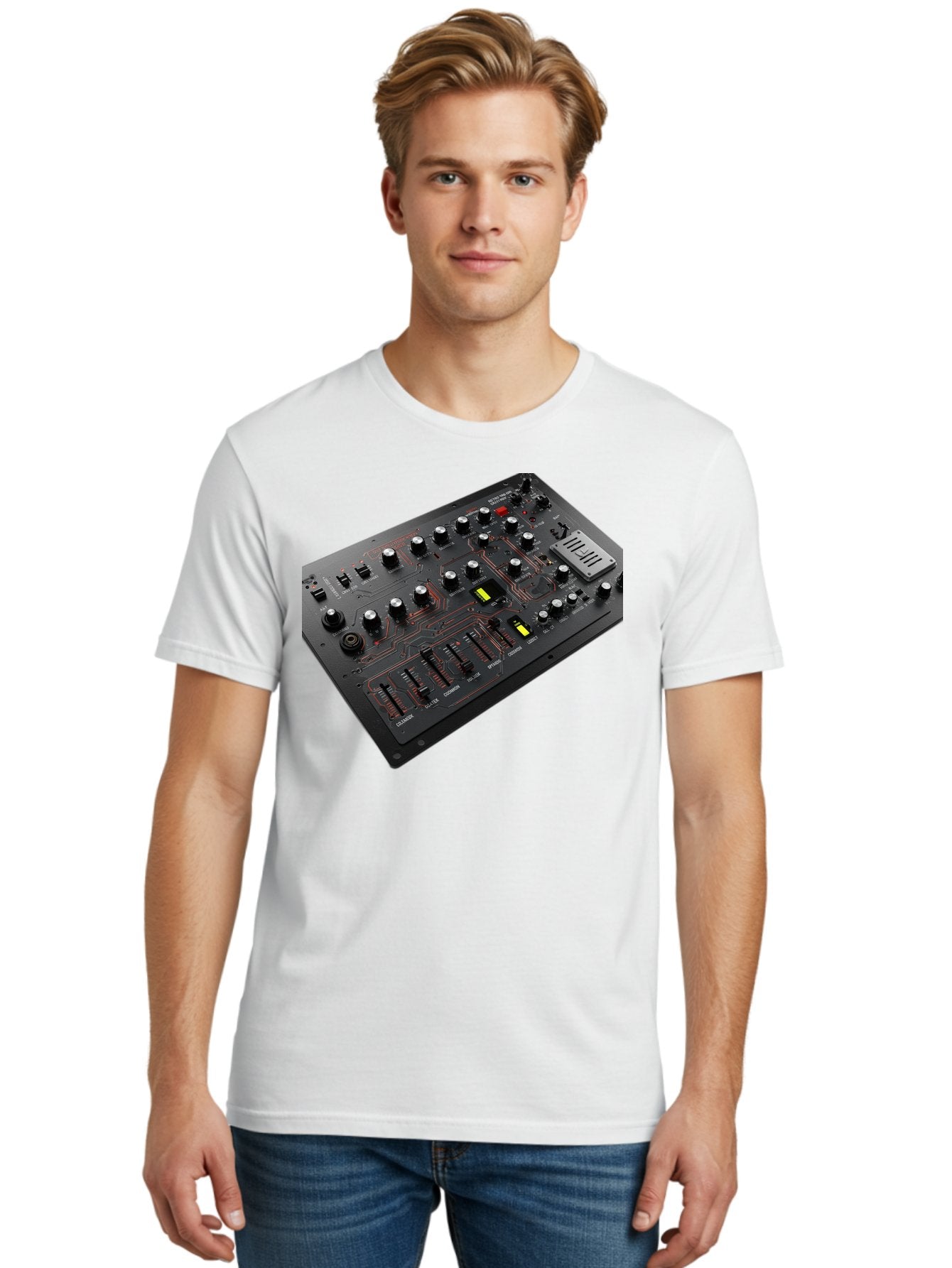 Korg-Minilogue-1 Men'S Graphic Tee, 100% Cotton, Comfortable Casual Summer Wear, Machine Washable, Korg Minilogue Synthesizer, Sound Design, Music Production, Analog Synthesizer, Audio Equipment, Electronic Music Gear, Knobs, Sliders, Buttons, Baa904 24