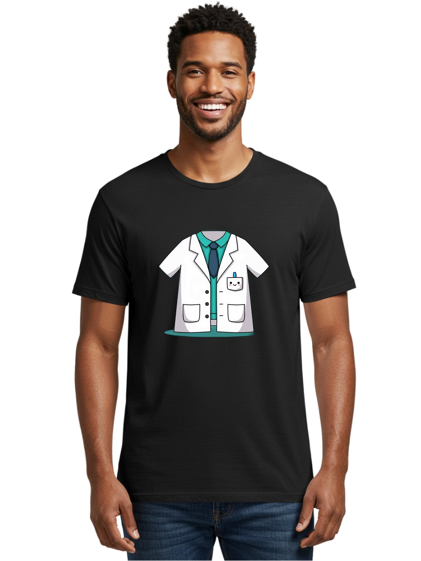 Lab-Coat Men'S Graphic Tee, 100% Cotton, Comfortable Casual Summer Wear, Machine Washable, Lab Coat, Cartoon Style, White Lab Coat, Shirt And Tie Underneath, Pocket Protector, Smiling Face, Medical Professional, Science Illustration, Baa909 25