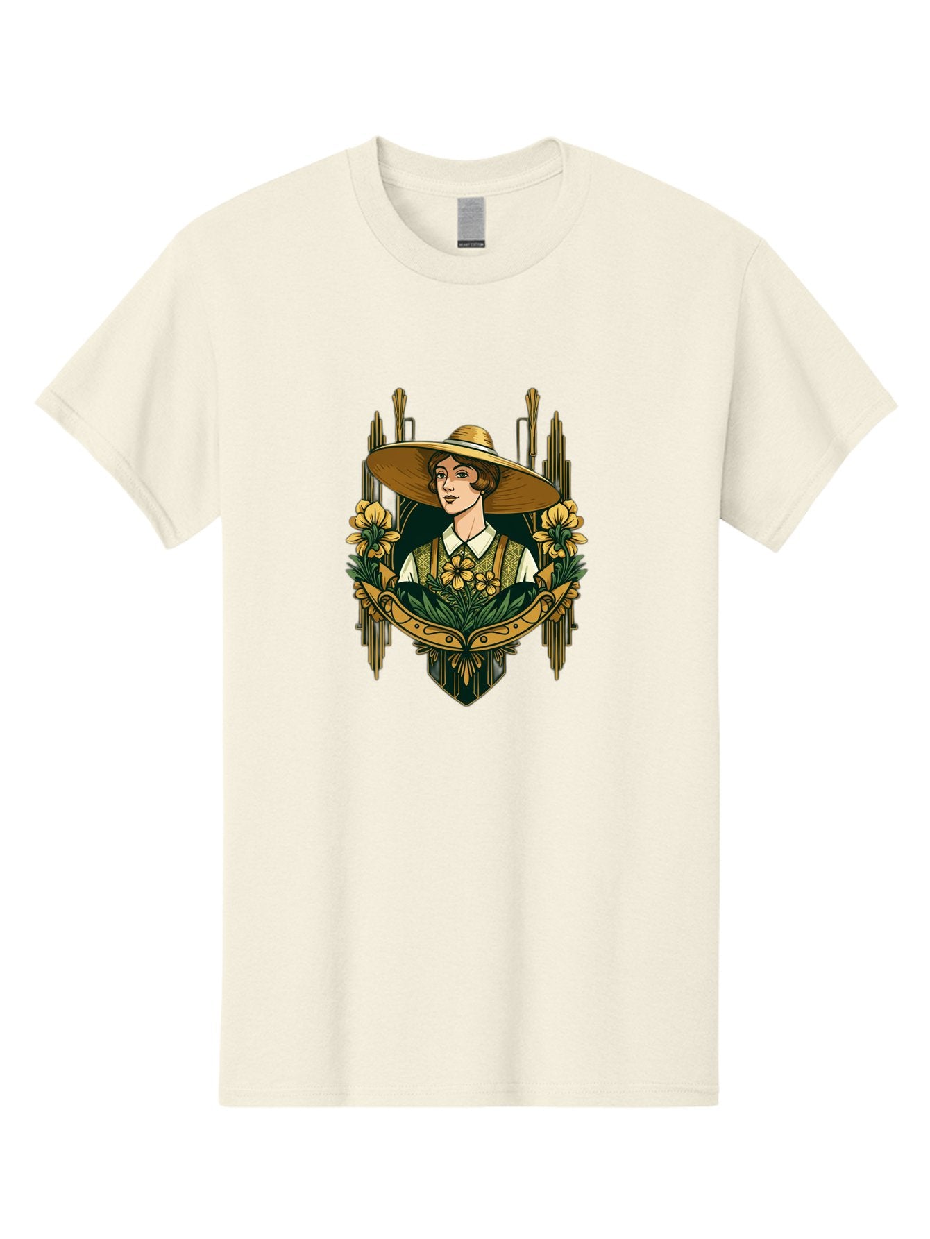 Lady-With-Sun-Hat Men'S Graphic Tee, 100% Cotton, Comfortable Casual Summer Wear, Machine Washable, Woman Wearing Sun Hat, Floral Arrangement, Yellow Flowers, Vintage Style, Art Nouveau, Natural Elegance, Feminine Charm, Decorative Elements, Baa910 5