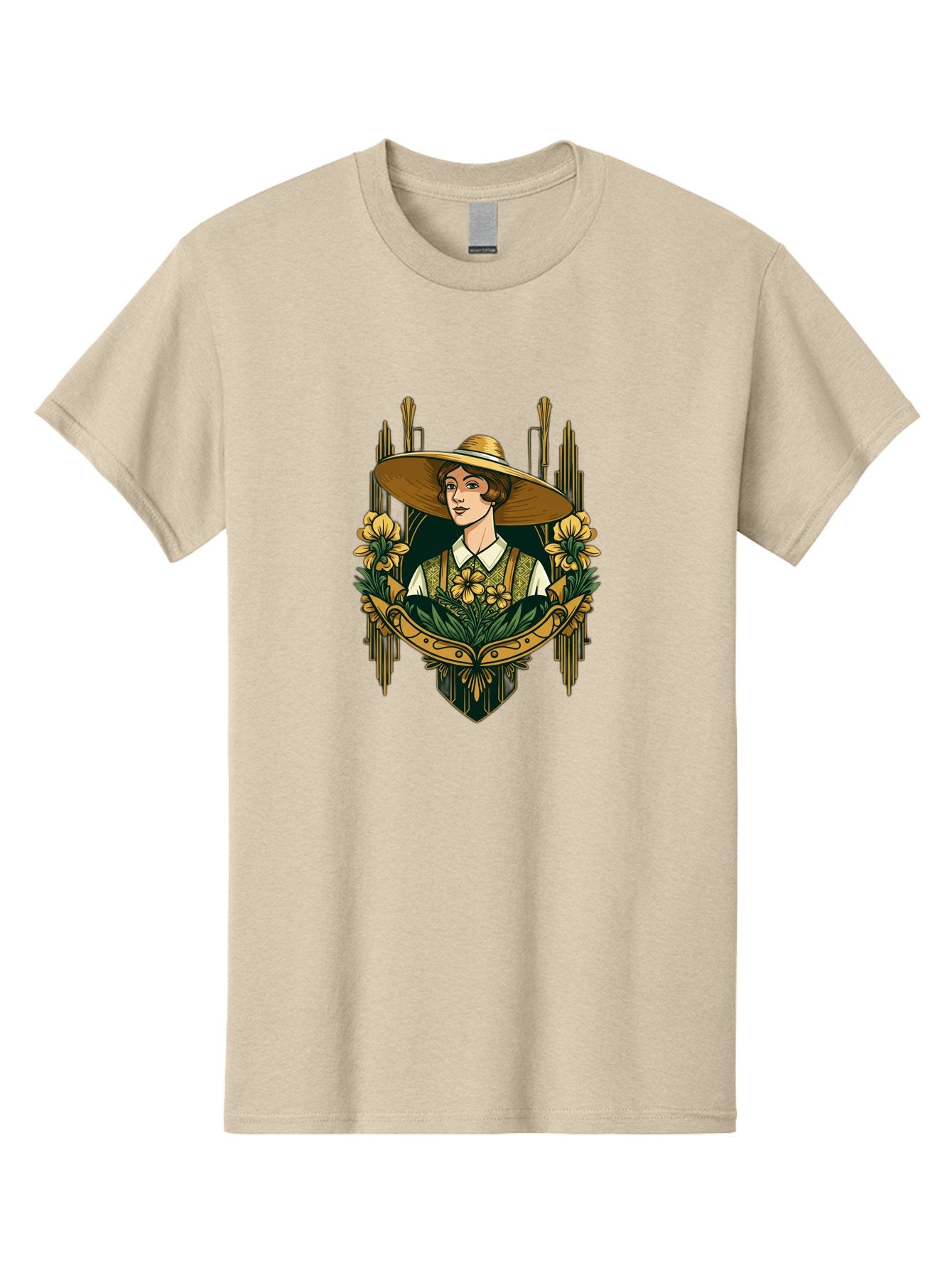 Lady-With-Sun-Hat Men'S Graphic Tee, 100% Cotton, Comfortable Casual Summer Wear, Machine Washable, Woman Wearing Sun Hat, Floral Arrangement, Yellow Flowers, Vintage Style, Art Nouveau, Natural Elegance, Feminine Charm, Decorative Elements, Baa910 13