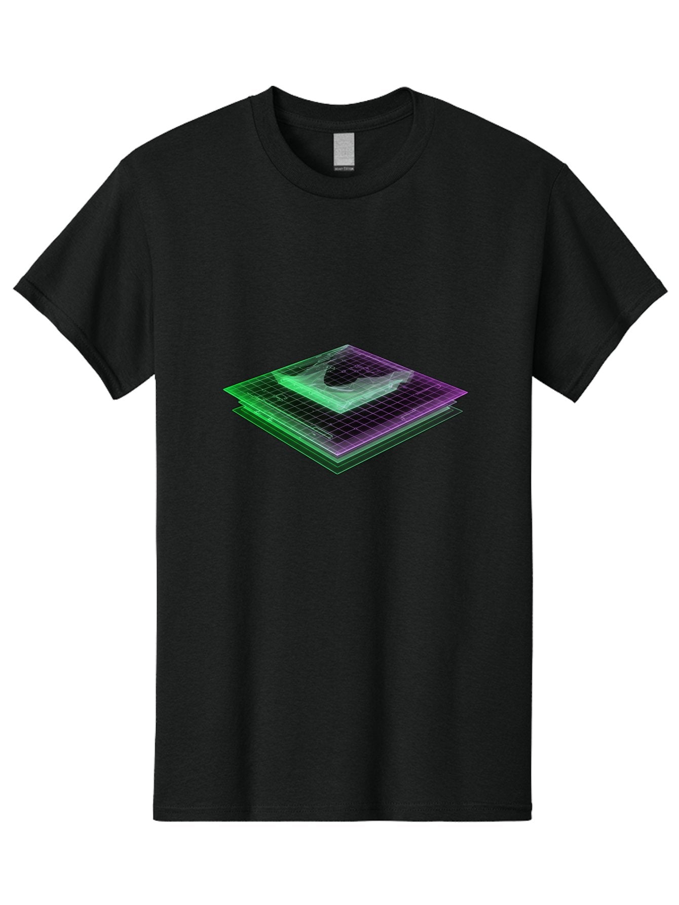 Layered-Grid Men'S Graphic Tee, 100% Cotton, Comfortable Casual Summer Wear, Machine Washable, 3D Grid, Layered Squares, Purple And Green Accents, Grid Pattern, Digital Art, Futuristic Design, Abstract Shapes, Modern Graphic, Layered Effect Baa917 5