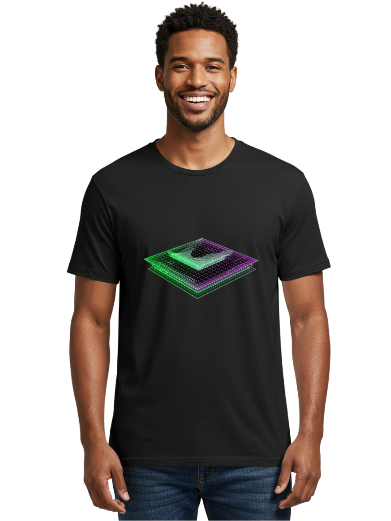 Layered-Grid Men'S Graphic Tee, 100% Cotton, Comfortable Casual Summer Wear, Machine Washable, 3D Grid, Layered Squares, Purple And Green Accents, Grid Pattern, Digital Art, Futuristic Design, Abstract Shapes, Modern Graphic, Layered Effect Baa917 16
