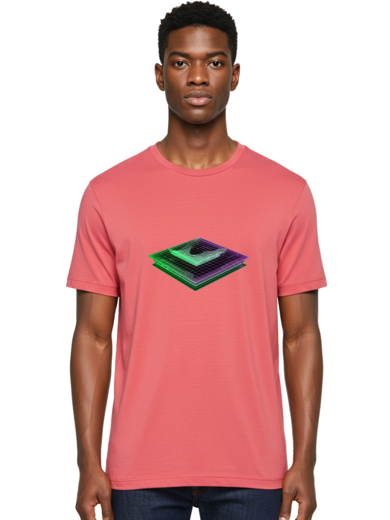 Layered-Grid Men'S Graphic Tee, 100% Cotton, Comfortable Casual Summer Wear, Machine Washable, 3D Grid, Layered Squares, Purple And Green Accents, Grid Pattern, Digital Art, Futuristic Design, Abstract Shapes, Modern Graphic, Layered Effect Baa917 6