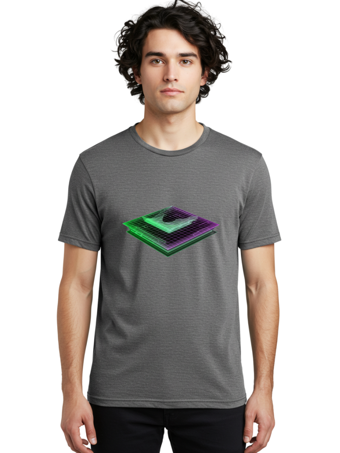 Layered-Grid Men'S Graphic Tee, 100% Cotton, Comfortable Casual Summer Wear, Machine Washable, 3D Grid, Layered Squares, Purple And Green Accents, Grid Pattern, Digital Art, Futuristic Design, Abstract Shapes, Modern Graphic, Layered Effect Baa917 26